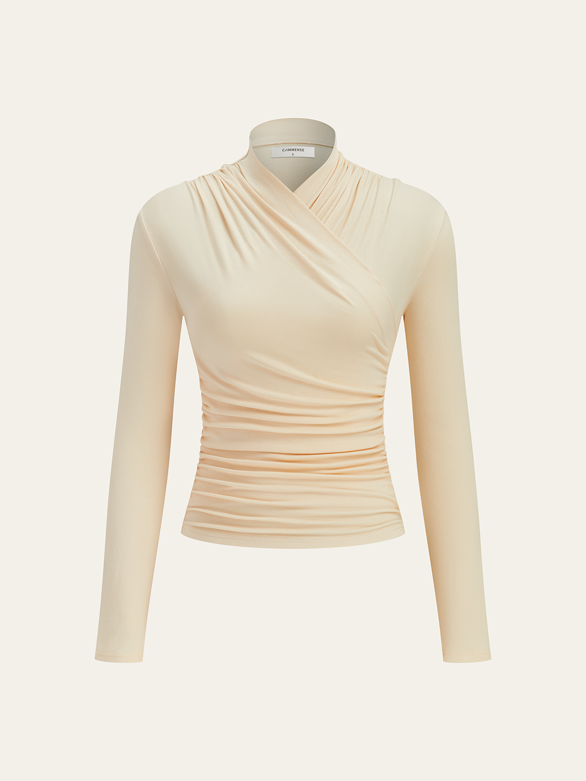 Top in Viscose — Mock Neck Long Sleeve with Ruched Waist and Crossover Wrap Detail
