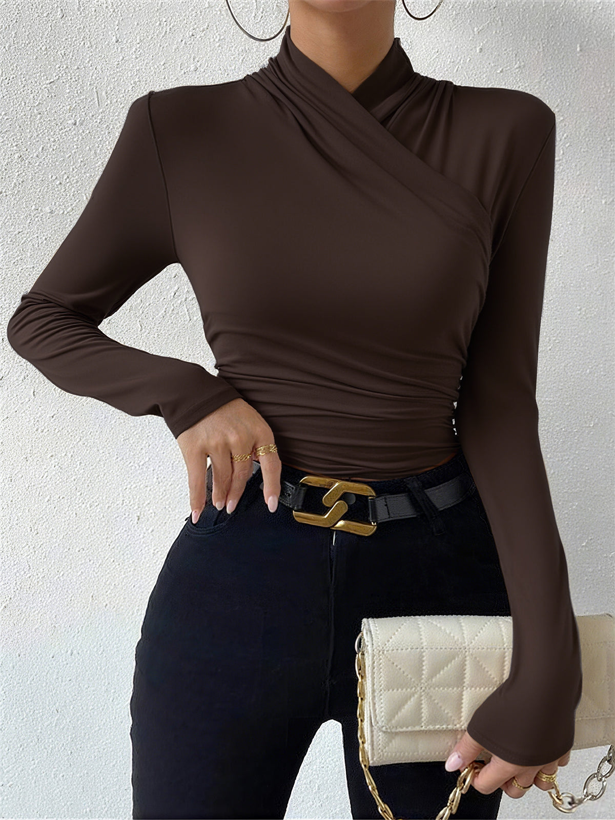 Top in Viscose — Mock Neck Long Sleeve with Ruched Waist and Crossover Wrap Detail