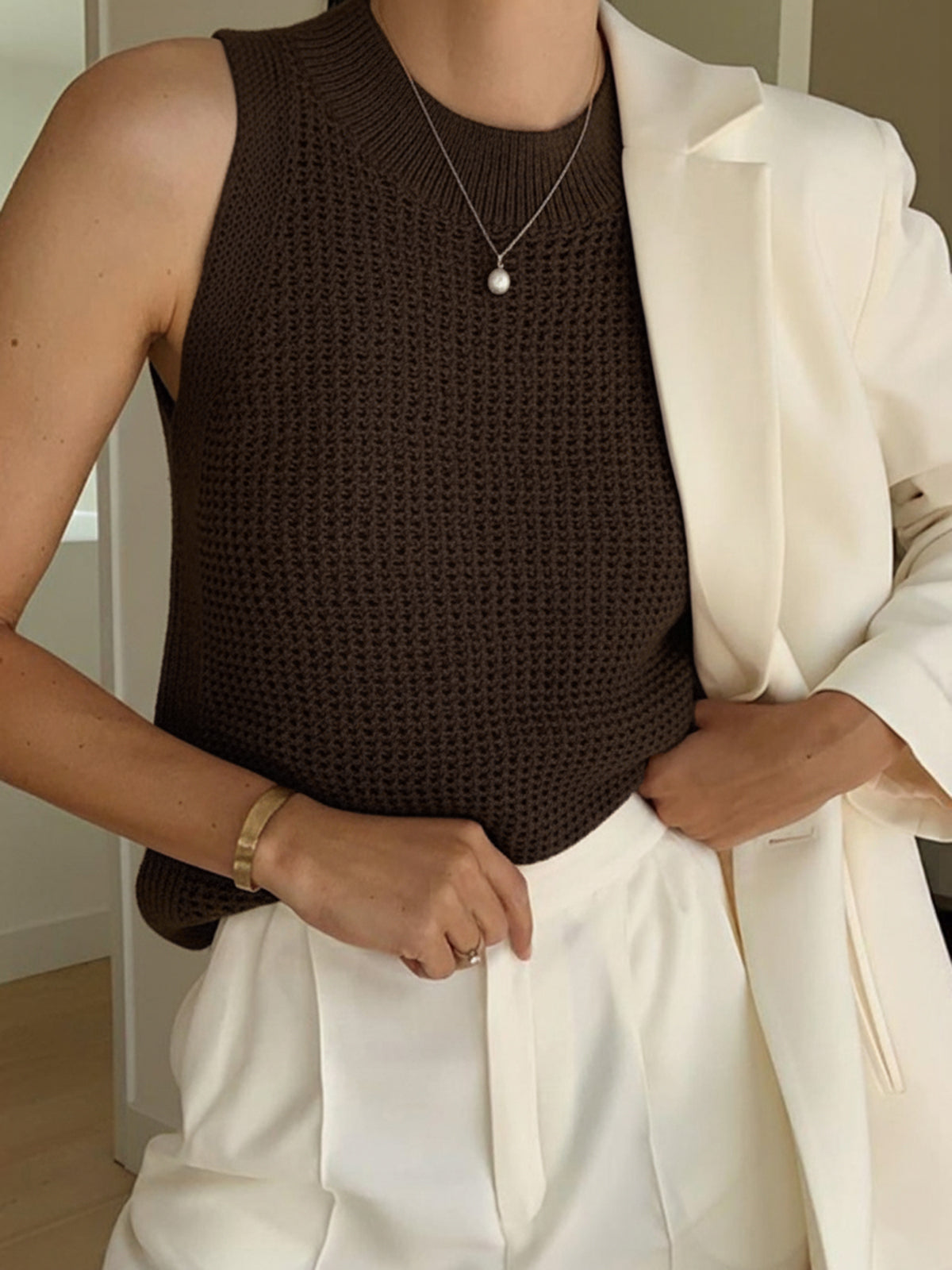 Tank Top in Cotton — Sleeveless Open Knit Crochet with Ribbed Crew Neck for Summer