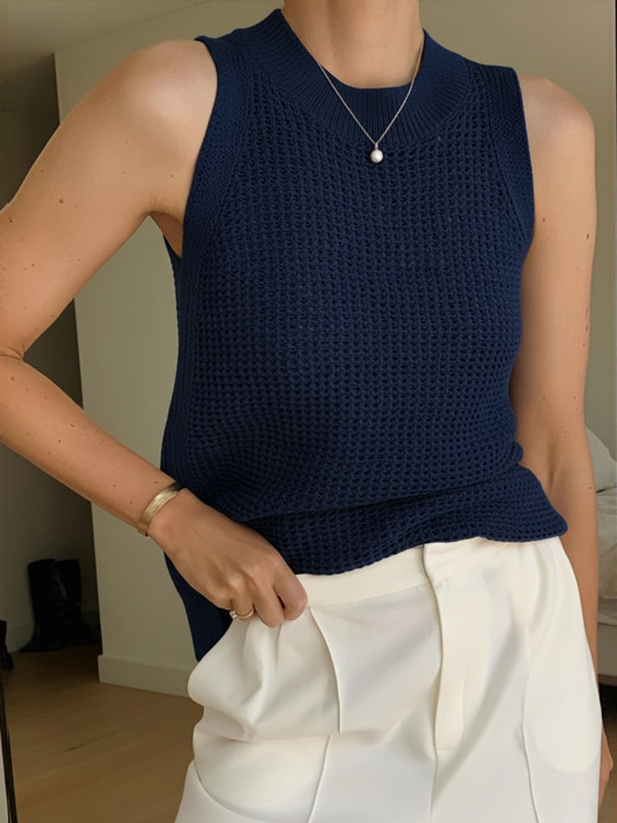 Tank Top in Cotton — Sleeveless Open Knit Crochet with Ribbed Crew Neck for Summer