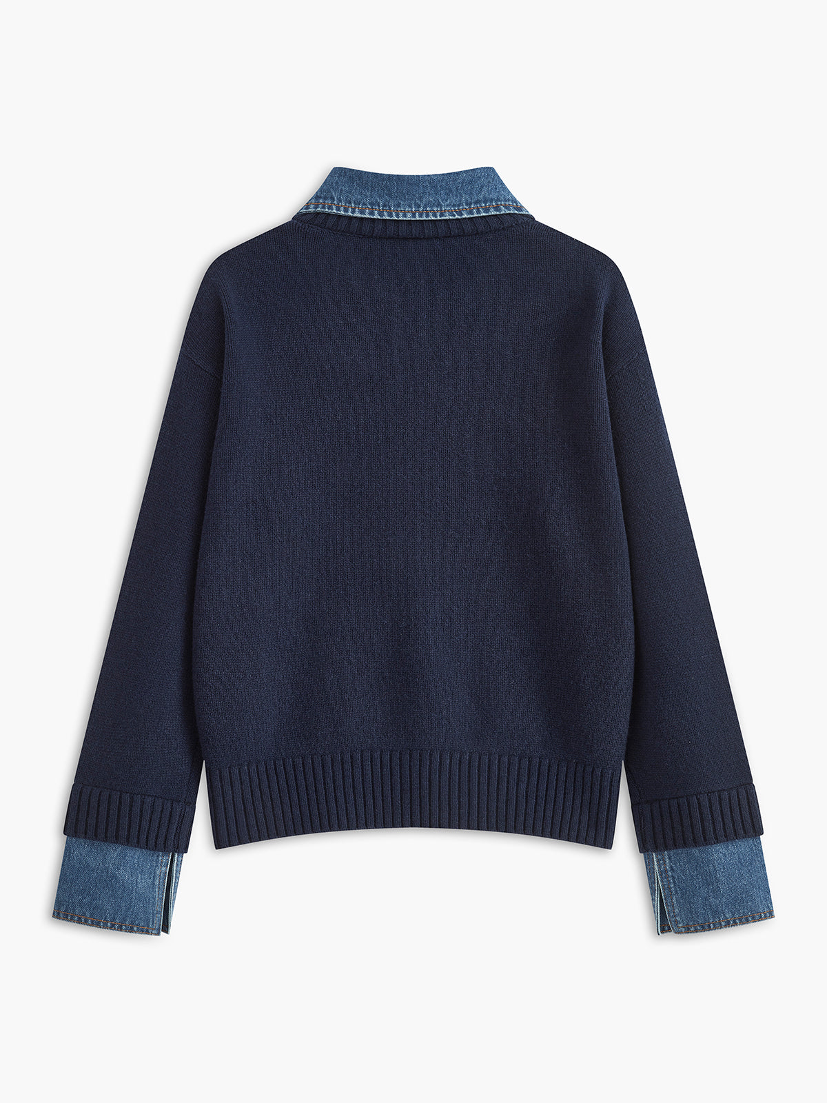 Jumper in Knit — Denim Collar and Cuff Trim with Relaxed Fit for Women