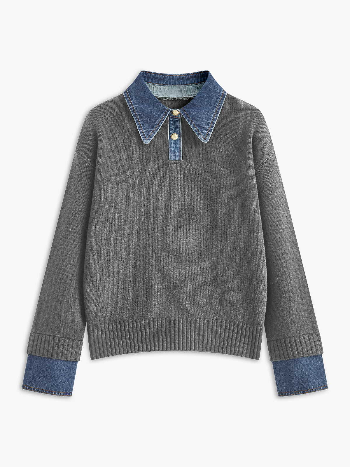 Jumper in Knit — Denim Collar and Cuff Trim with Relaxed Fit for Women