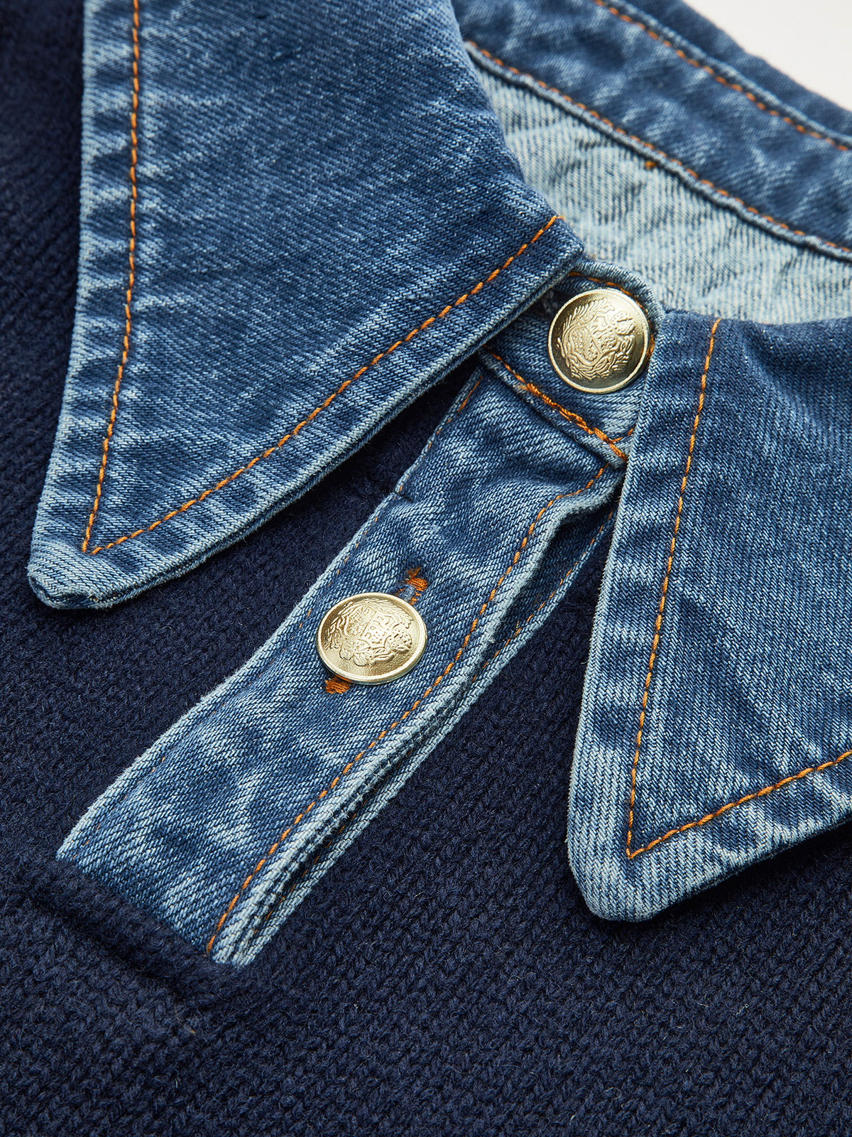 Jumper in Knit — Denim Collar and Cuff Trim with Relaxed Fit for Women