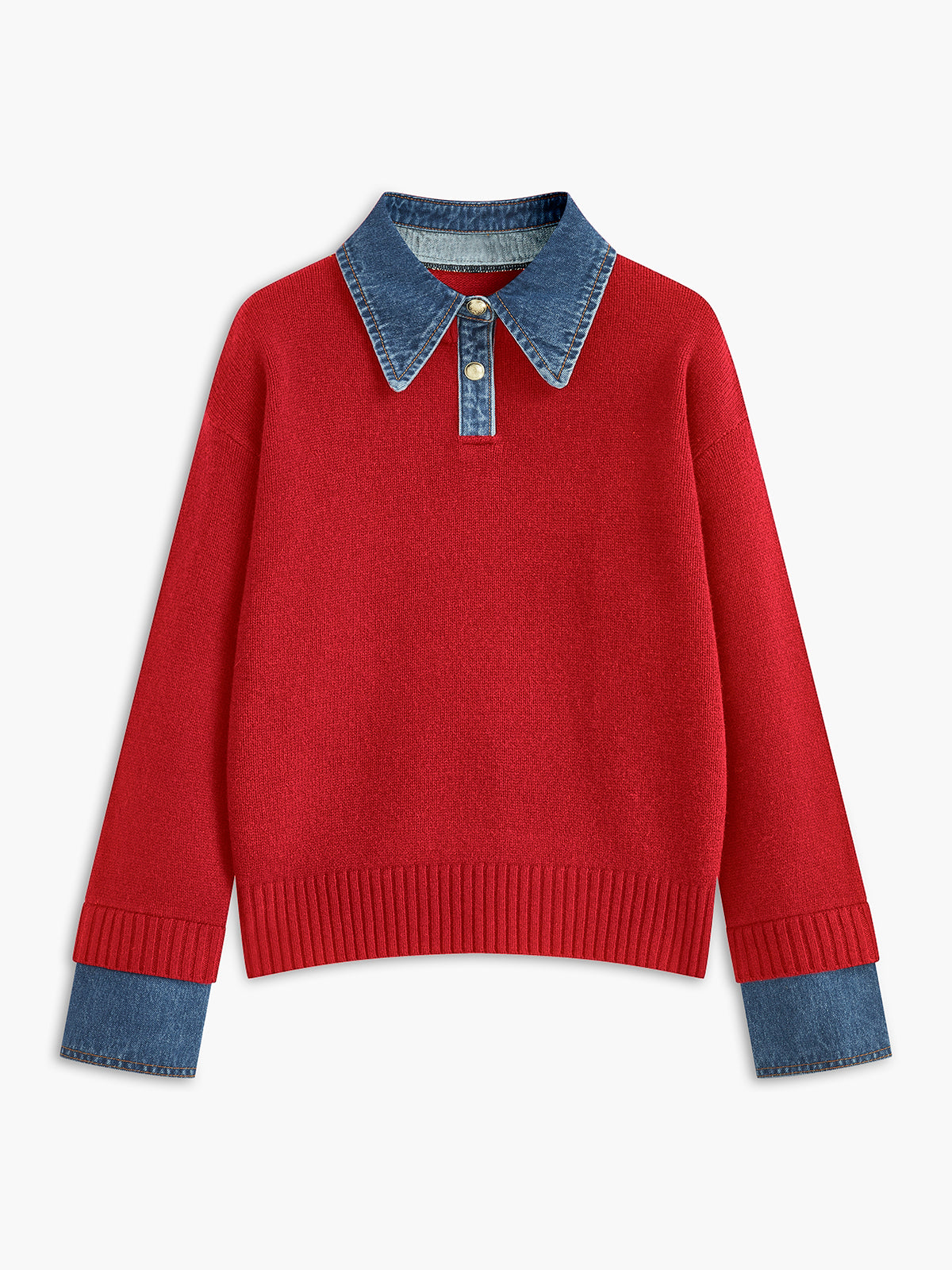 Jumper in Knit — Denim Collar and Cuff Trim with Relaxed Fit for Women