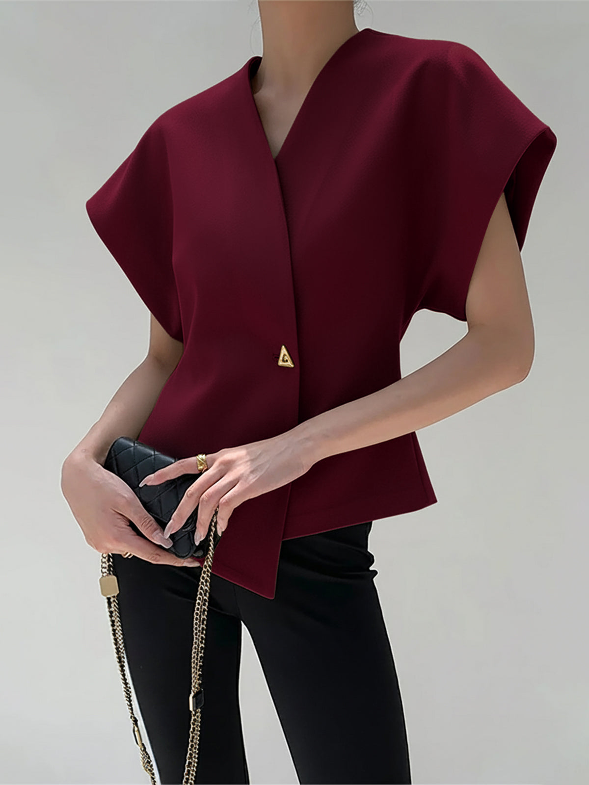 Blouse in Crepe — V Neck Cap Sleeve with Asymmetric Gold Button for Office Wear