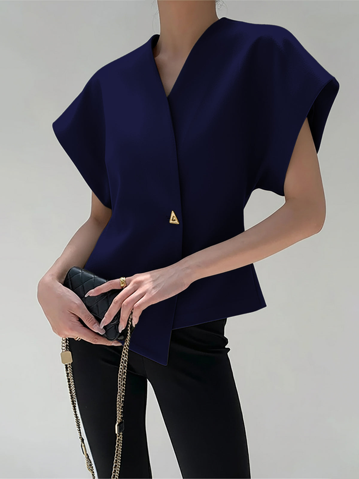 Blouse in Crepe — V Neck Cap Sleeve with Asymmetric Gold Button for Office Wear