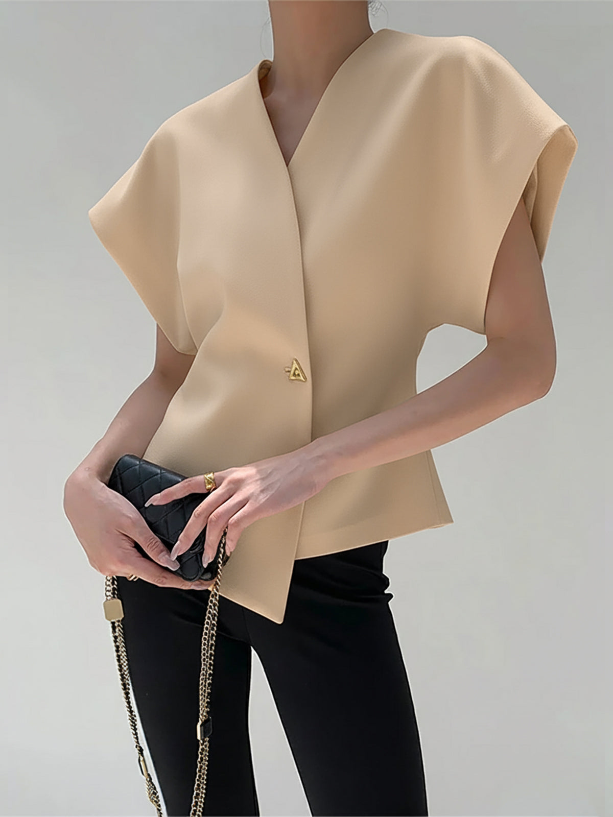 Blouse in Crepe — V Neck Cap Sleeve with Asymmetric Gold Button for Office Wear