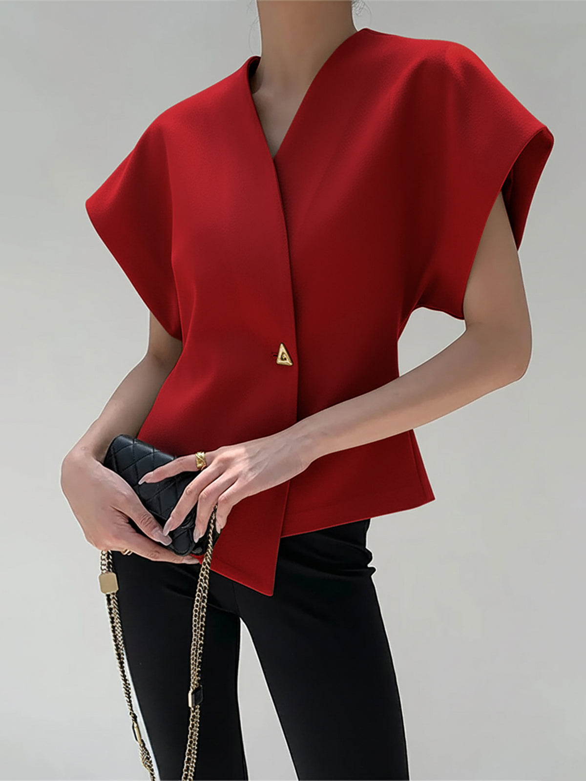 Blouse in Crepe — V Neck Cap Sleeve with Asymmetric Gold Button for Office Wear