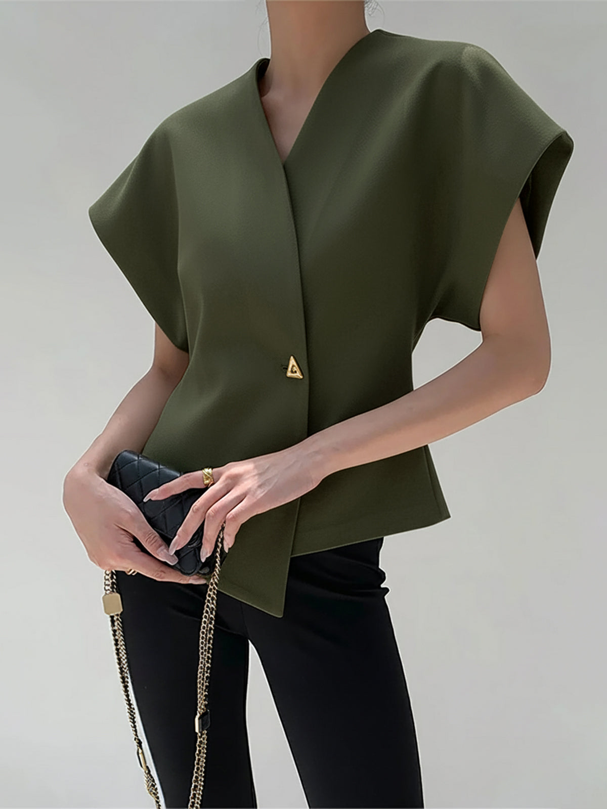 Blouse in Crepe — V Neck Cap Sleeve with Asymmetric Gold Button for Office Wear