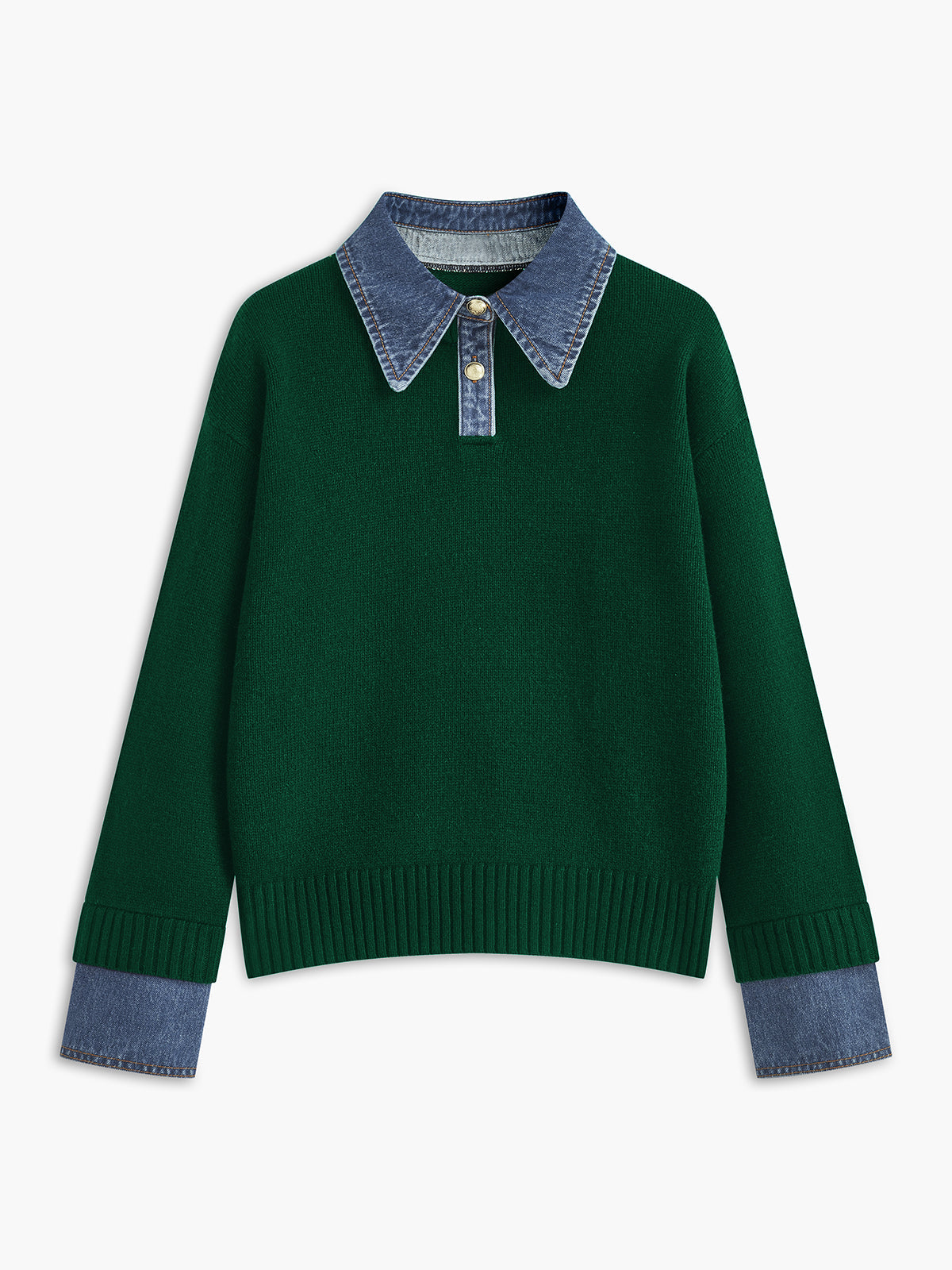 Jumper in Knit — Denim Collar and Cuff Trim with Relaxed Fit for Women