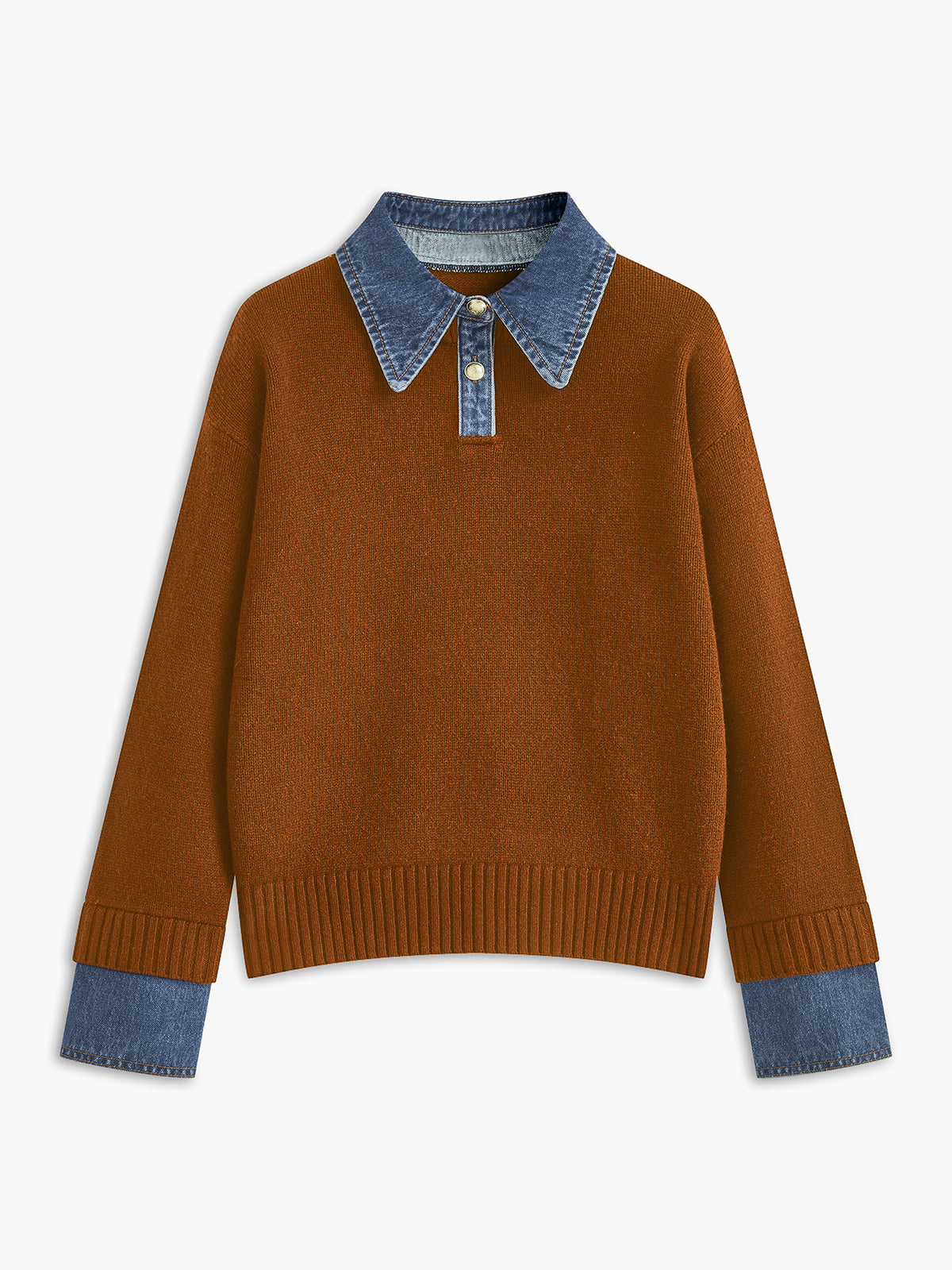 Jumper in Knit — Denim Collar and Cuff Trim with Relaxed Fit for Women