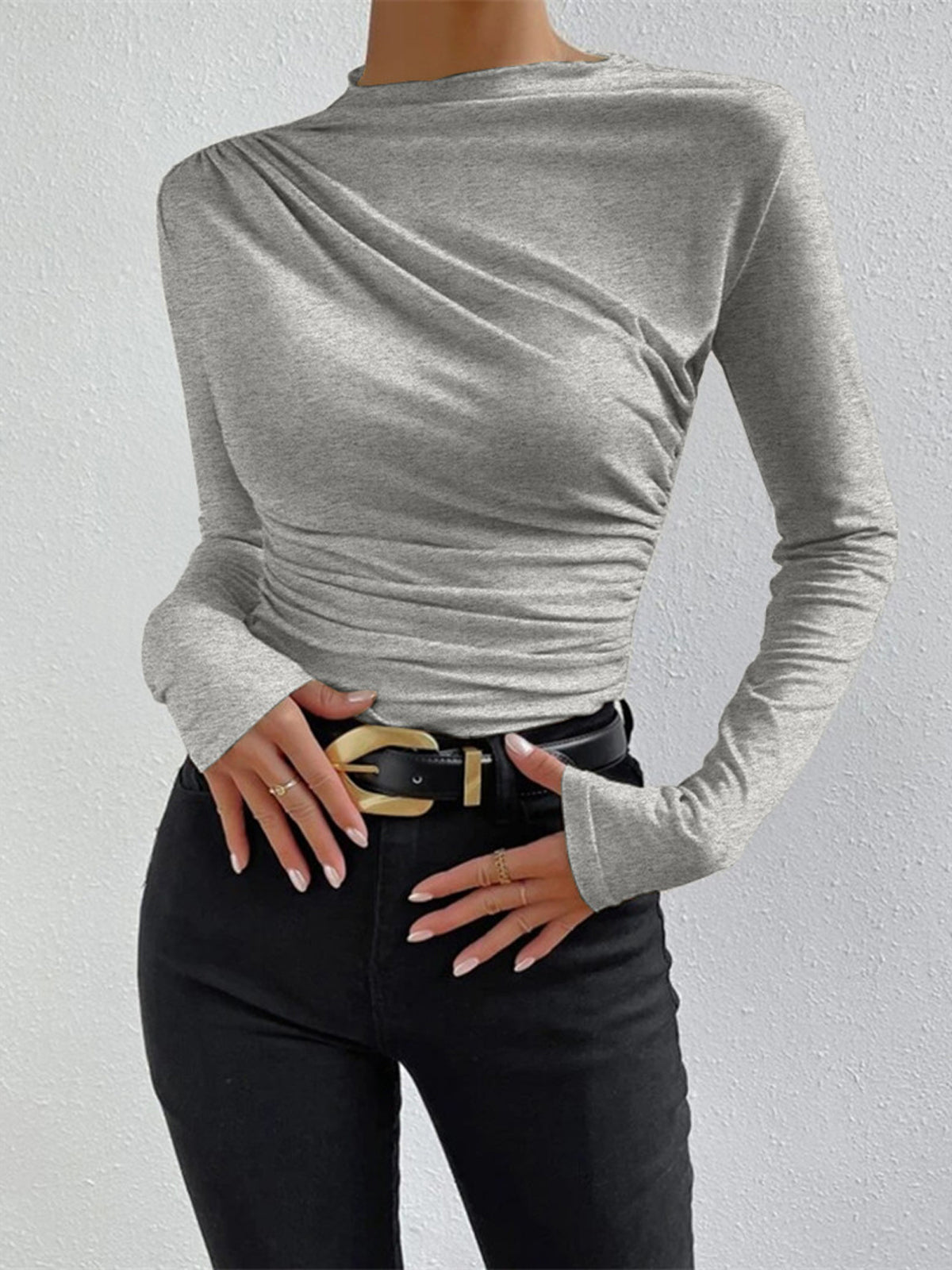 Top in Viscose — Asymmetric Draped Neckline with Ruched Side for Fitted Bodycon Style
