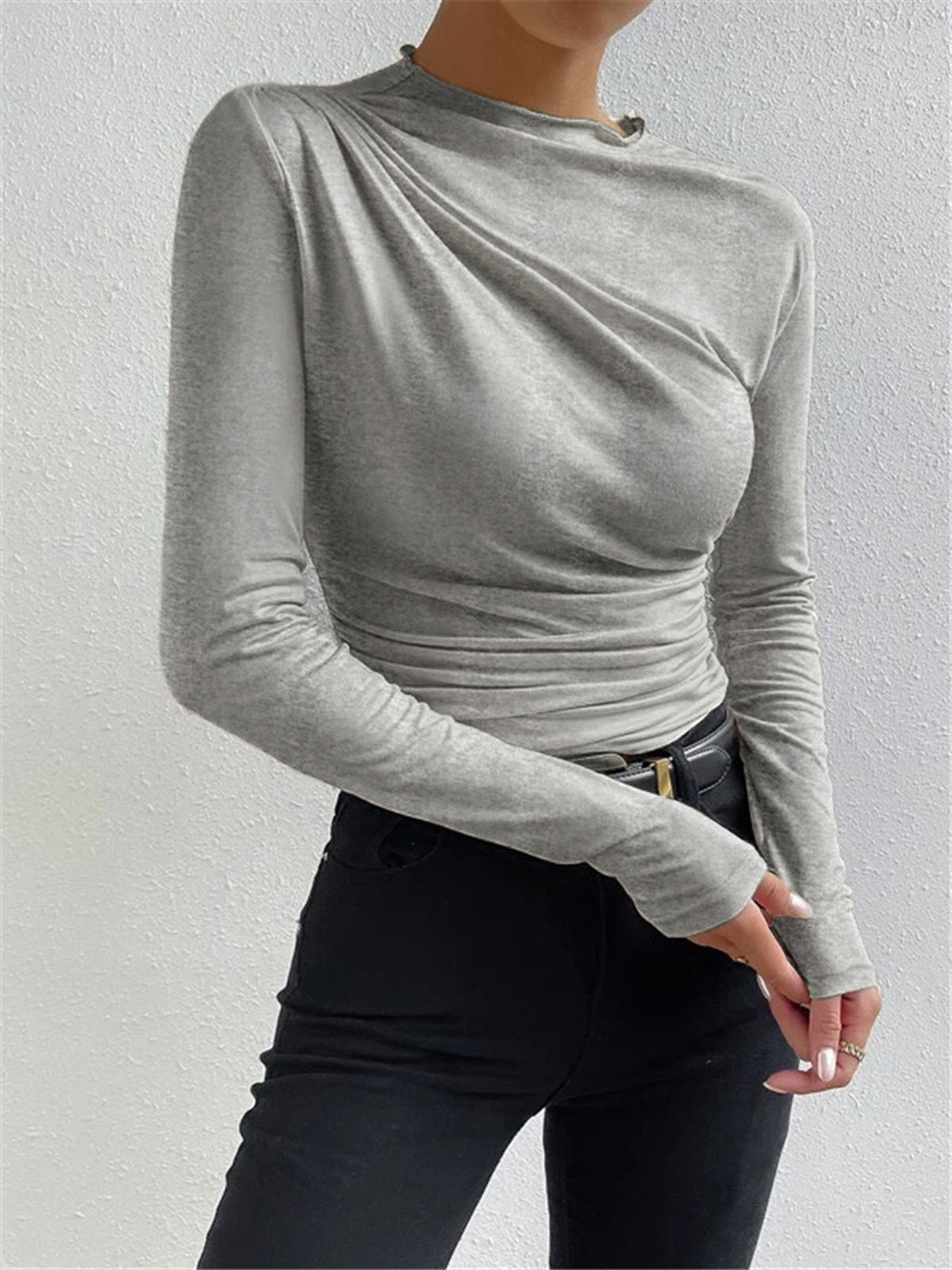 Top in Viscose — Asymmetric Draped Neckline with Ruched Side for Fitted Bodycon Style