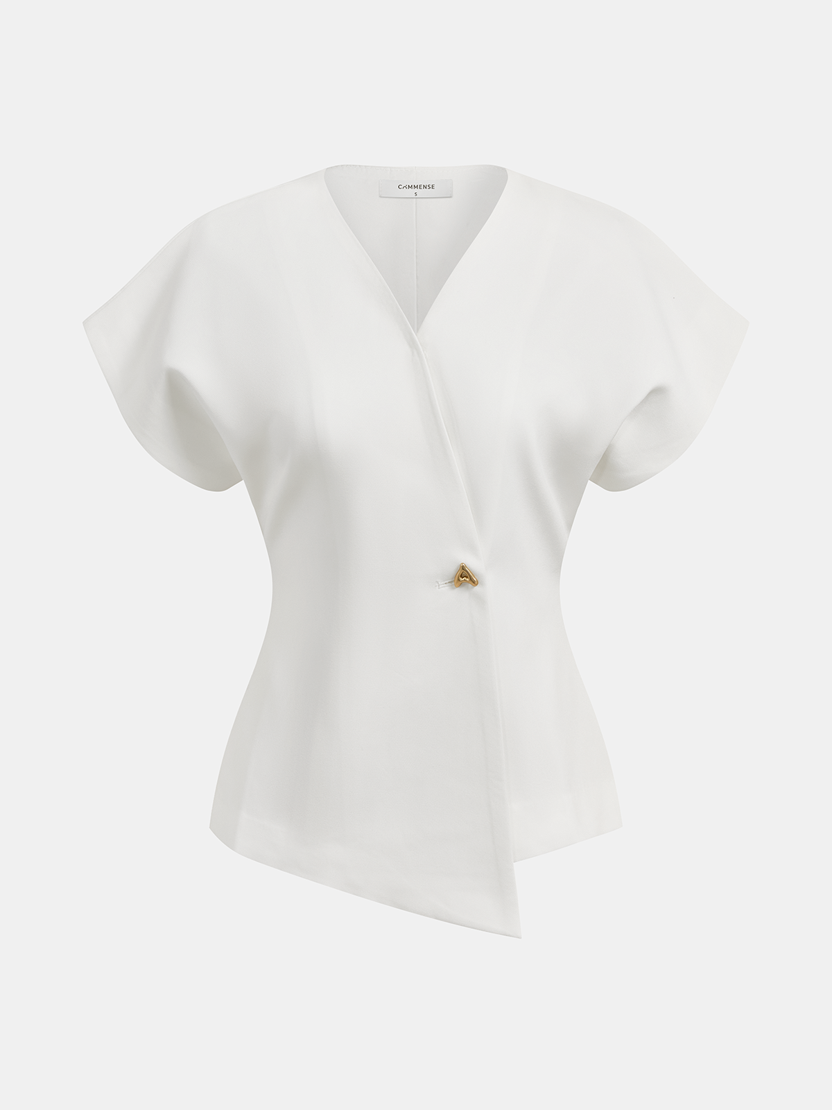 Blouse in Crepe — V Neck Cap Sleeve with Asymmetric Gold Button for Office Wear