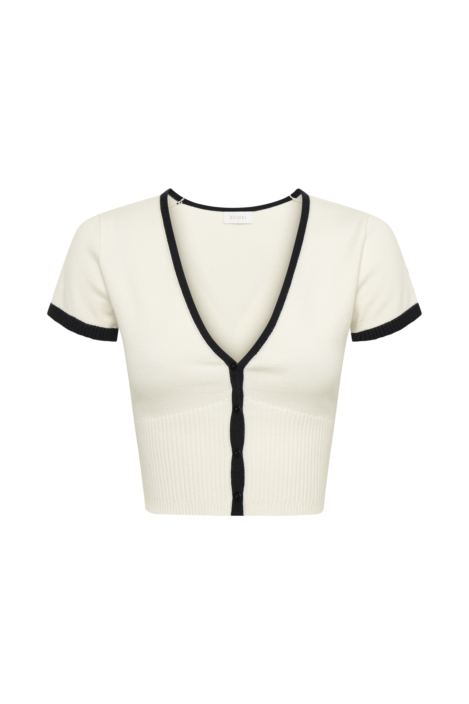 Ribbed Viscose Set — Deep V Neck Button Front Crop Top with Pleated Midi Skirt and Contrast Trim