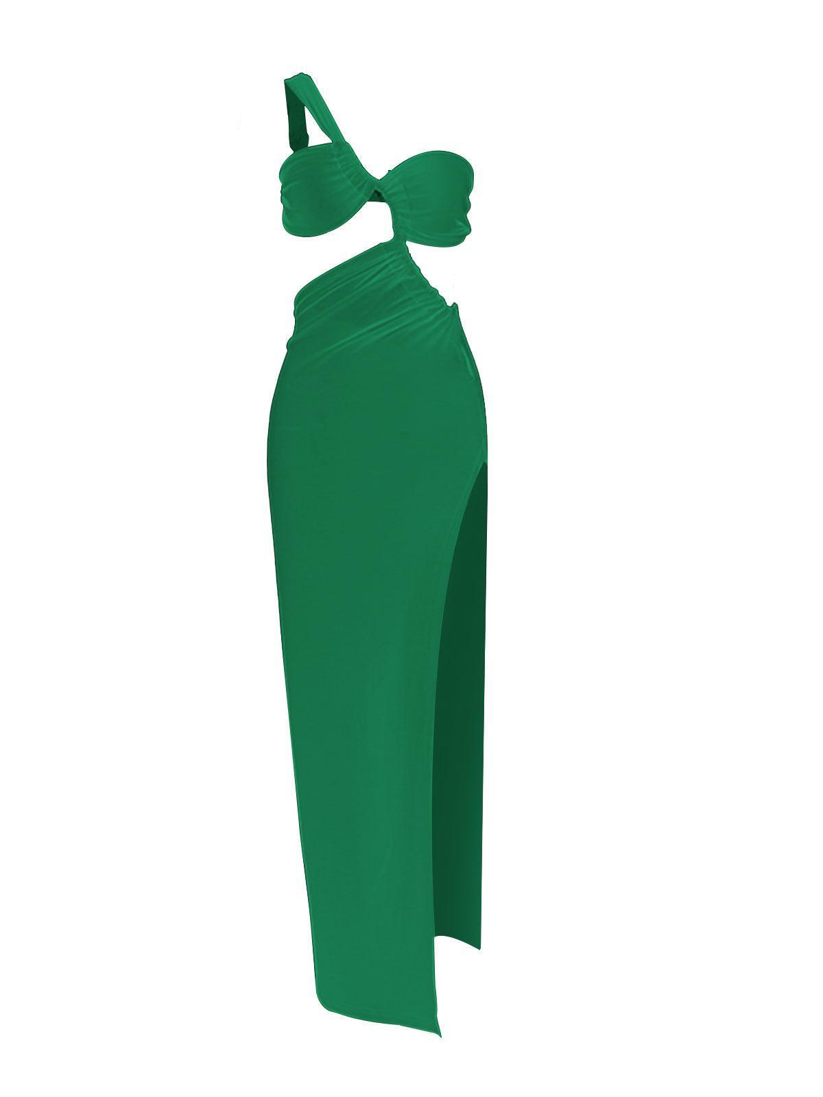 Dress in Jersey — One Shoulder Cutout Backless Maxi with Ruched Detail and High Slit