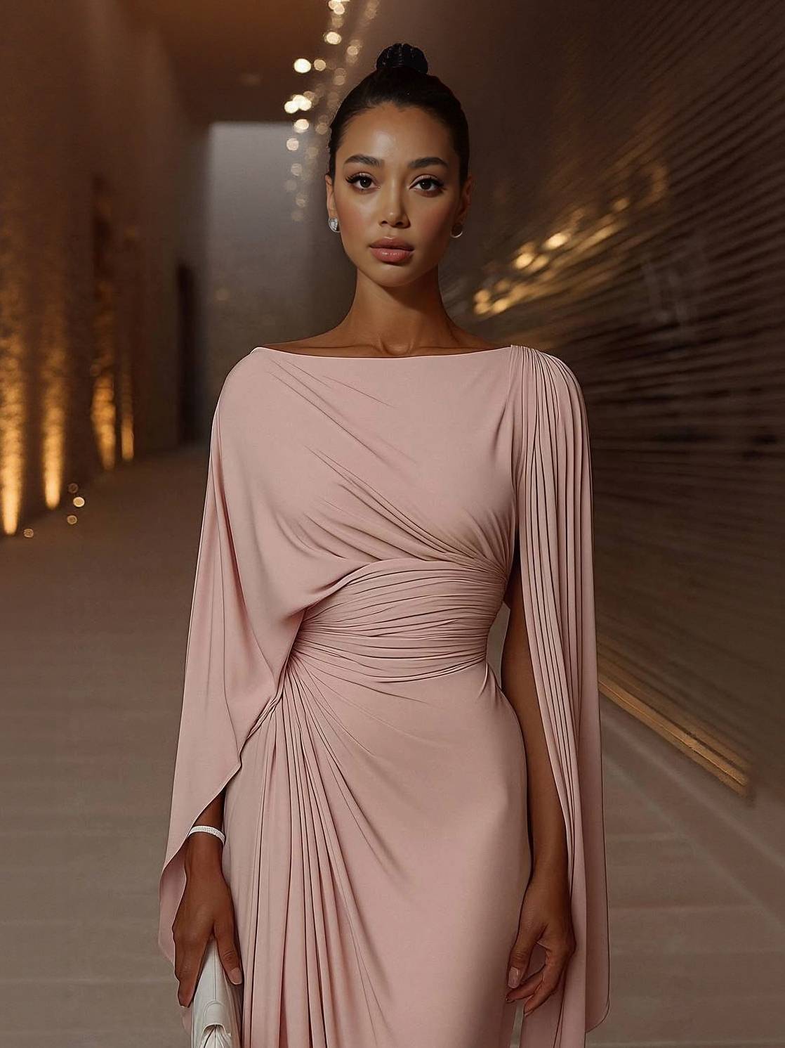 Dress in Chiffon — Cape Sleeve Maxi with Boat Neck and Ruched Waist for Formal Events