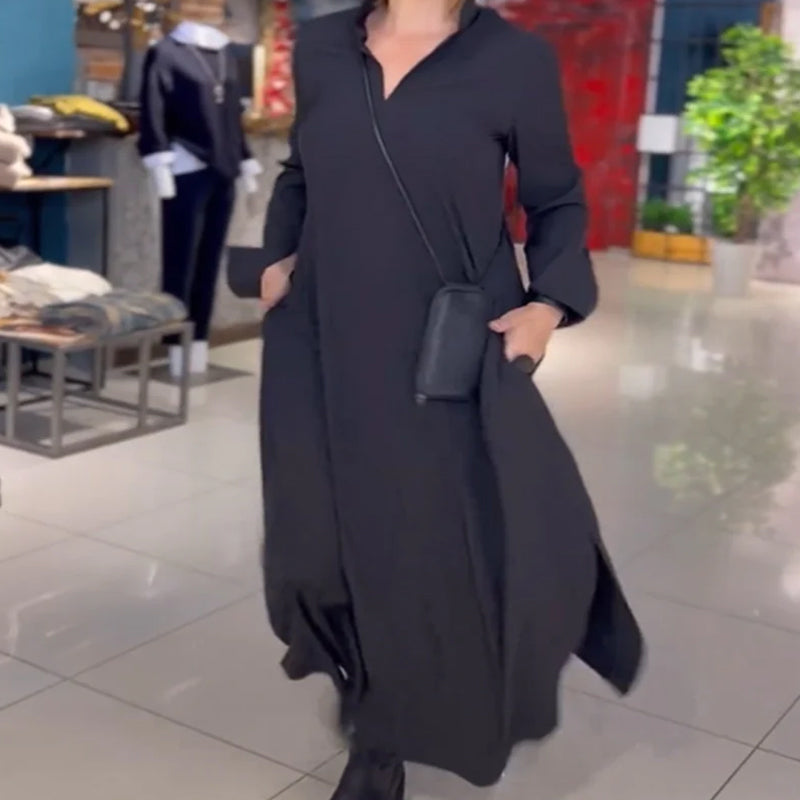 Dress in Linen — Long Sleeve Casual Loose Maxi with Stand Collar and Side Pockets