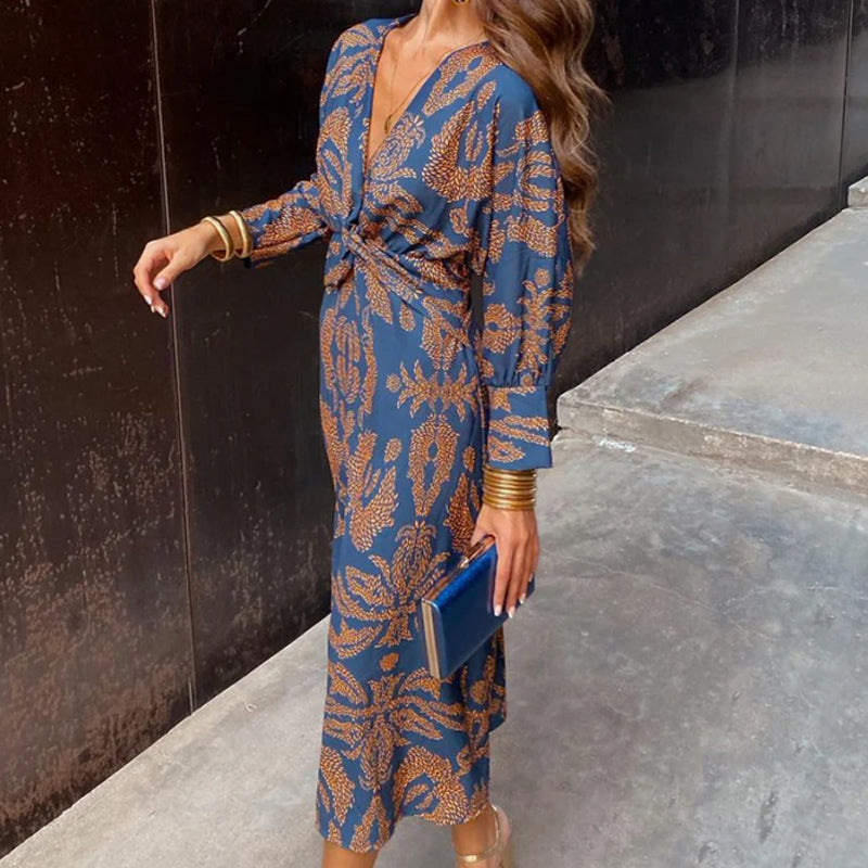 Dress in Viscose Midi — Long Sleeve Twist Front with Deep V-Neck and Botanical Print