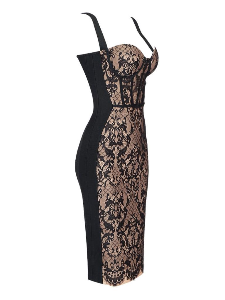 Dress in Lace — Sweetheart Corset Bodycon Midi with Wide Straps for Evening