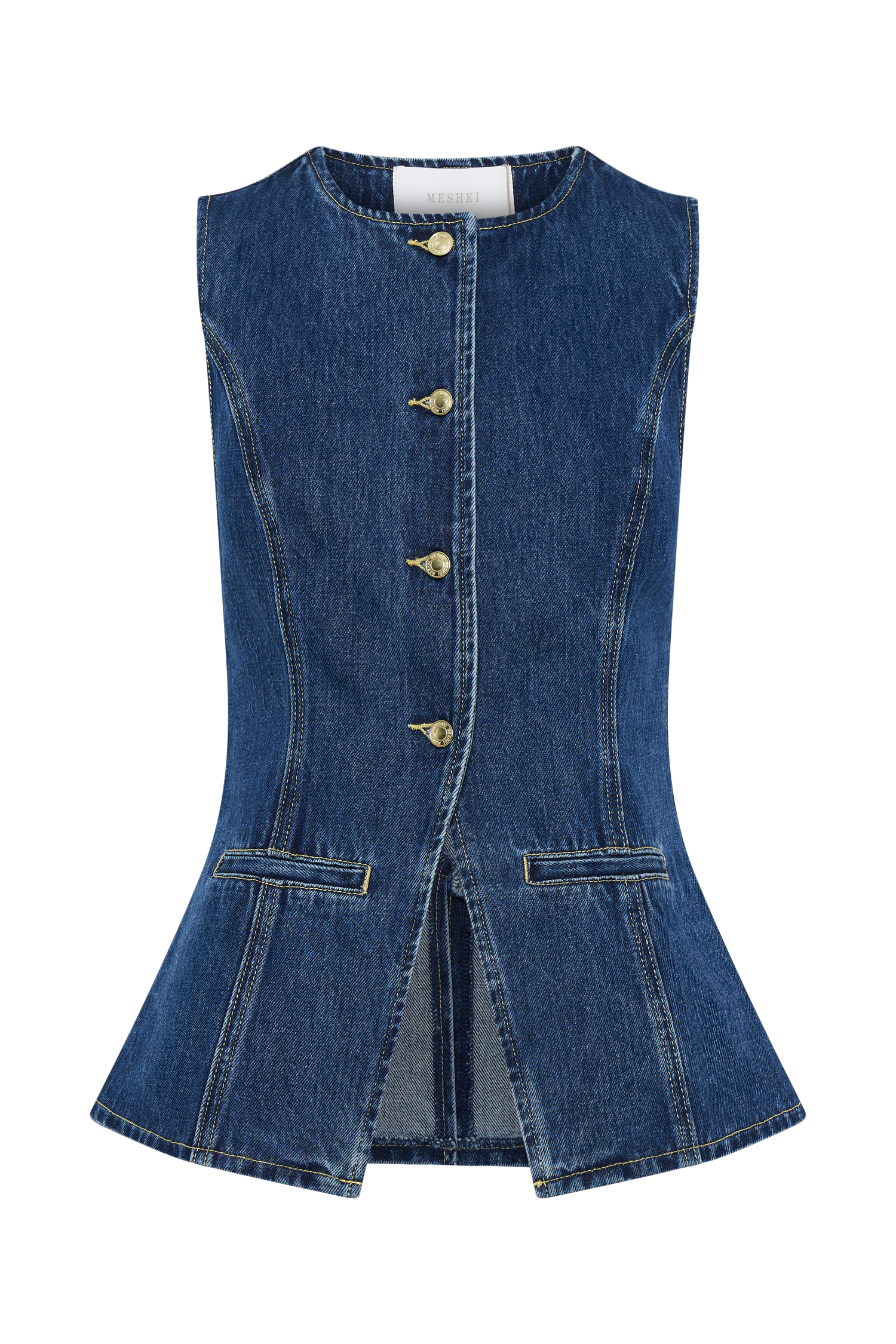 Vest in Denim — Fitted Sleeveless Button Front with Round Neck and Hip Pockets for Women