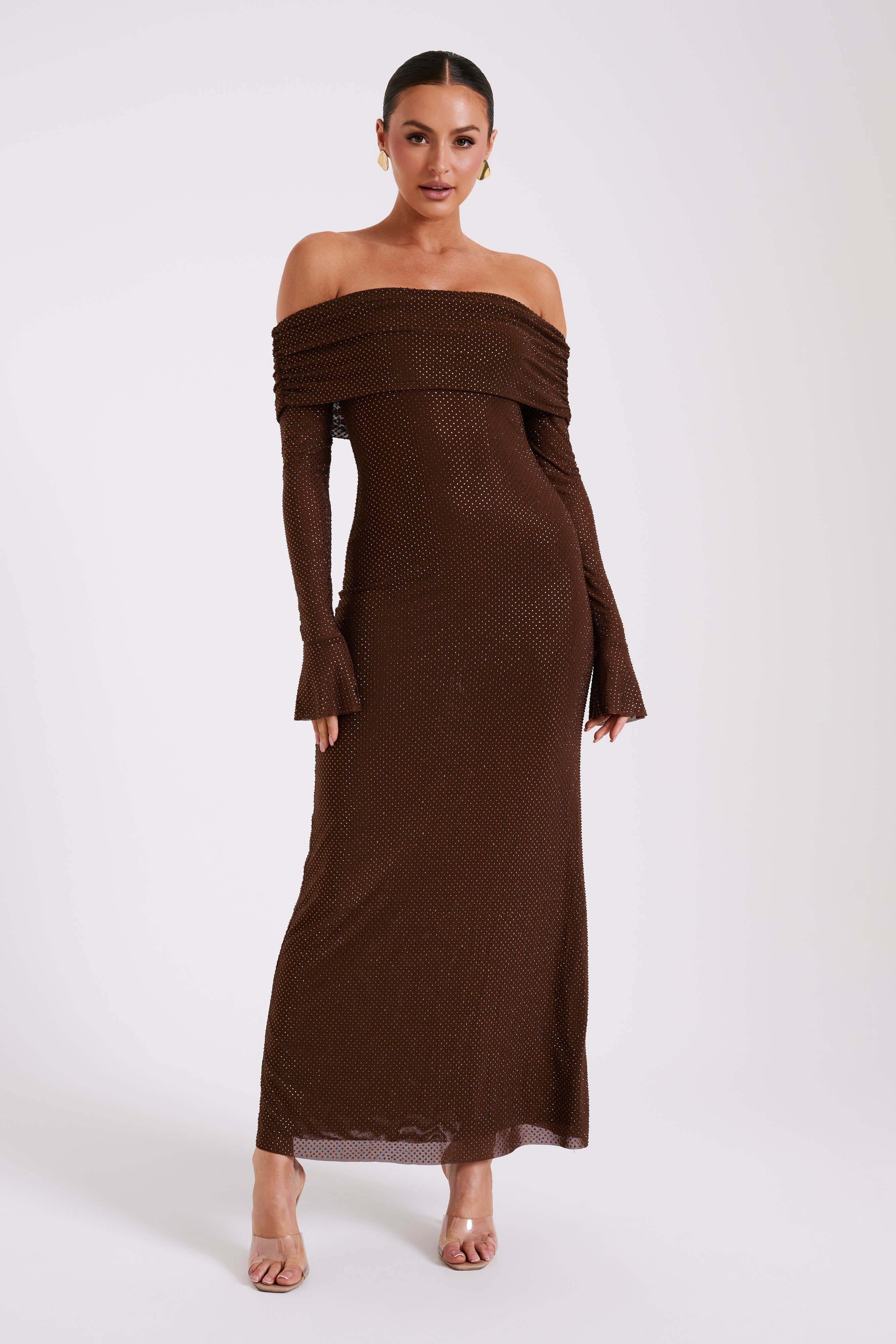 Dress in Sequin — Off Shoulder Long Sleeve Bodycon Maxi with Bell Cuffs for Evening