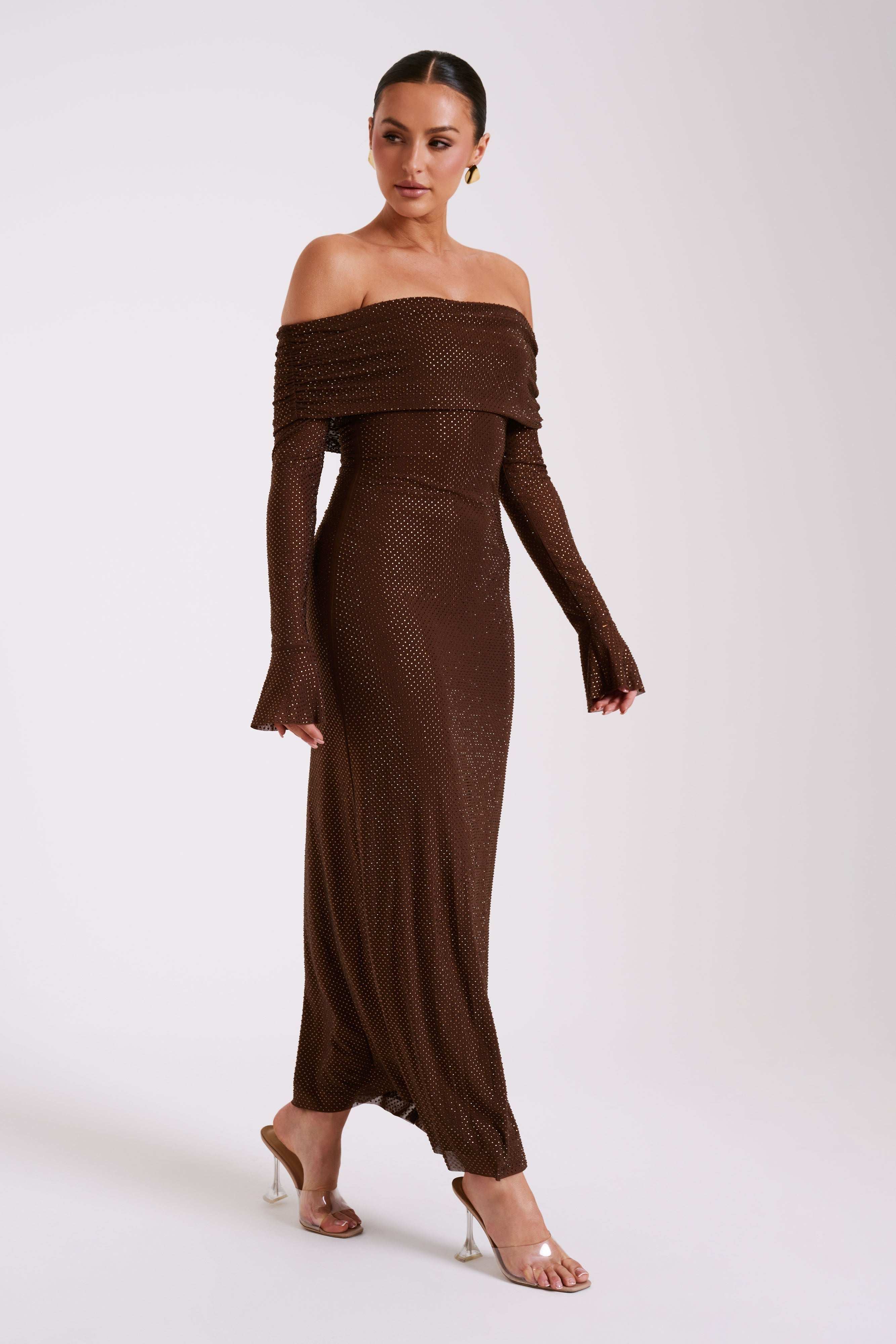 Dress in Sequin — Off Shoulder Long Sleeve Bodycon Maxi with Bell Cuffs for Evening
