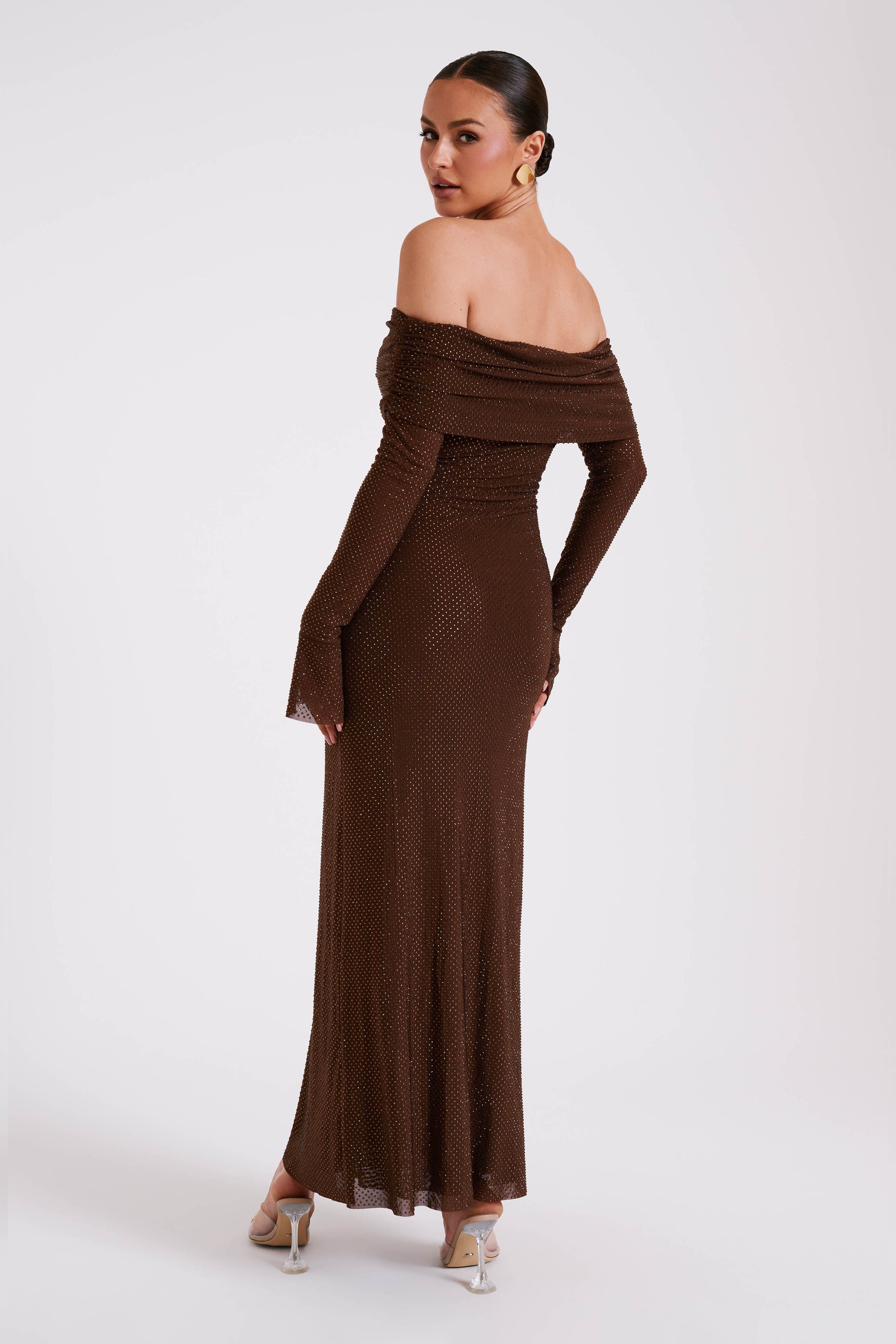 Dress in Sequin — Off Shoulder Long Sleeve Bodycon Maxi with Bell Cuffs for Evening