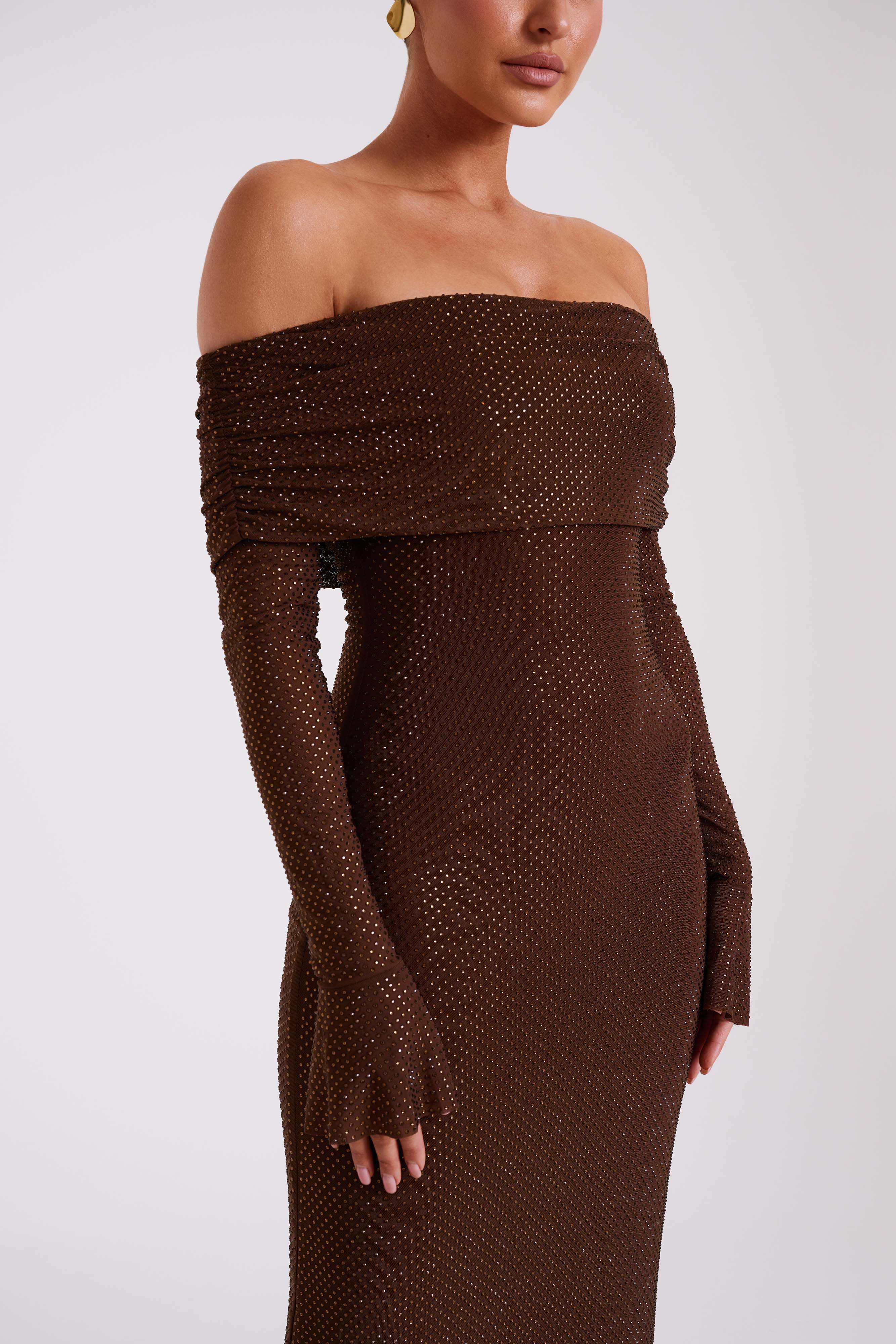 Dress in Sequin — Off Shoulder Long Sleeve Bodycon Maxi with Bell Cuffs for Evening