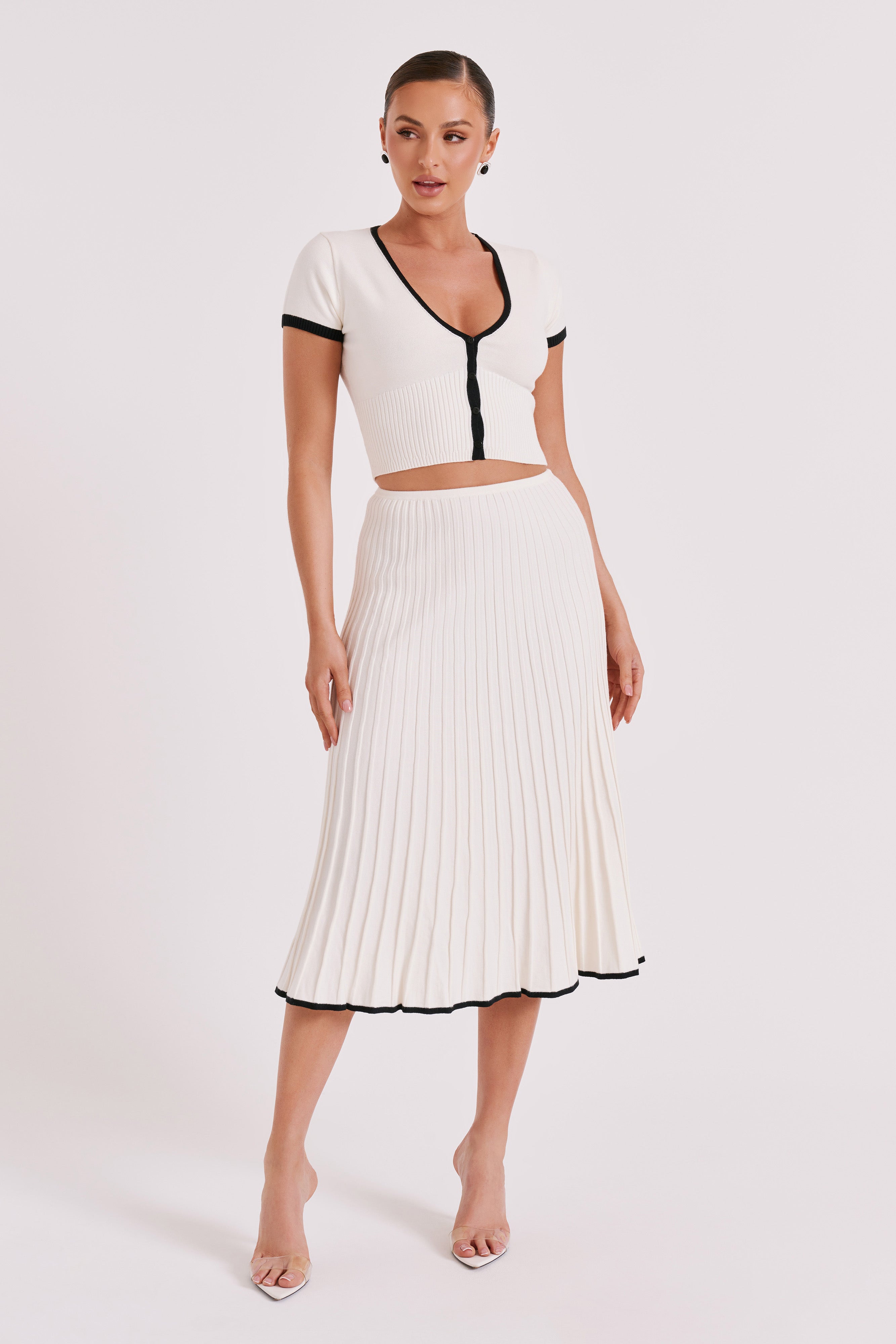 Ribbed Viscose Set — Deep V Neck Button Front Crop Top with Pleated Midi Skirt and Contrast Trim