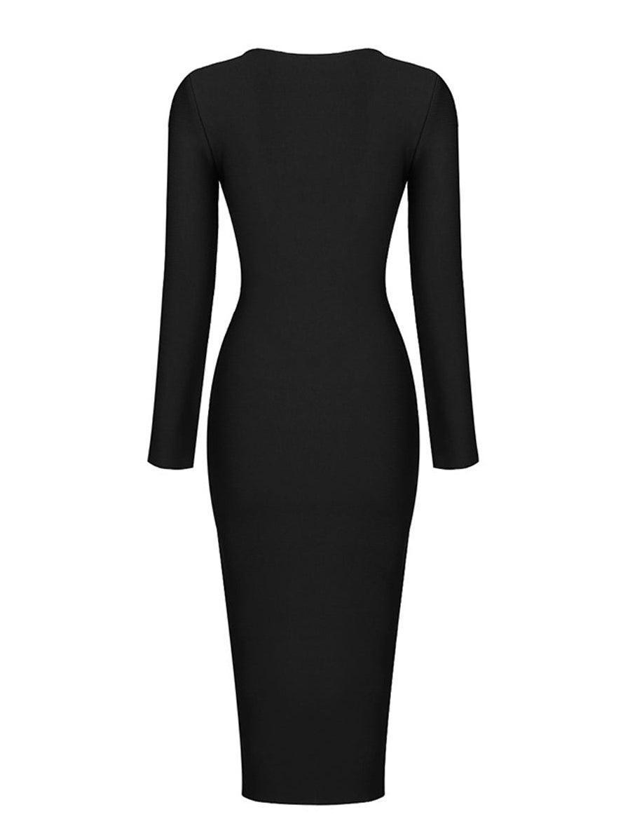 Dress in Bandage — Long Sleeve Round Neck Open Back Bodycon Midi with Zipper Detail