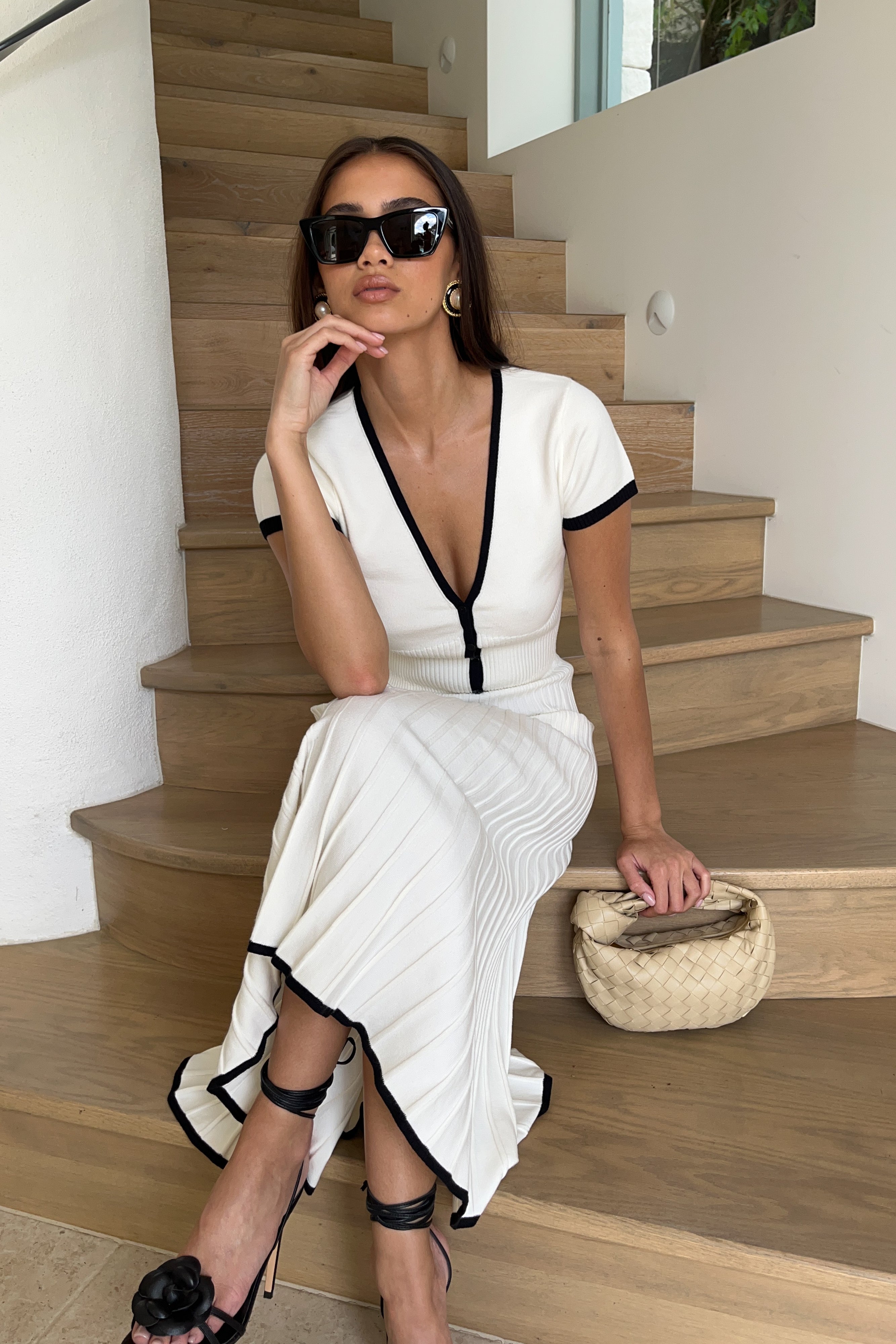 Ribbed Viscose Set — Deep V Neck Button Front Crop Top with Pleated Midi Skirt and Contrast Trim