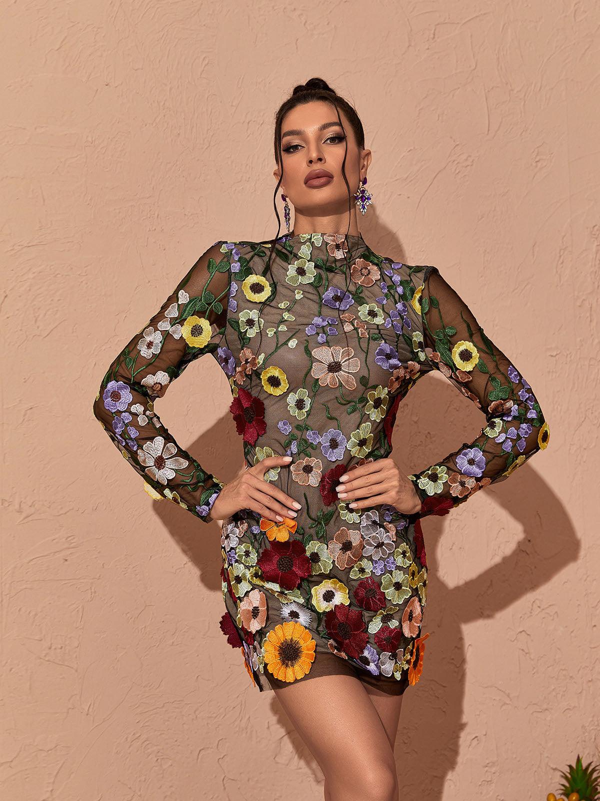 Dress in Mesh — Long Sleeve High Neck Bodycon Mini with Floral Embroidery and Open Back