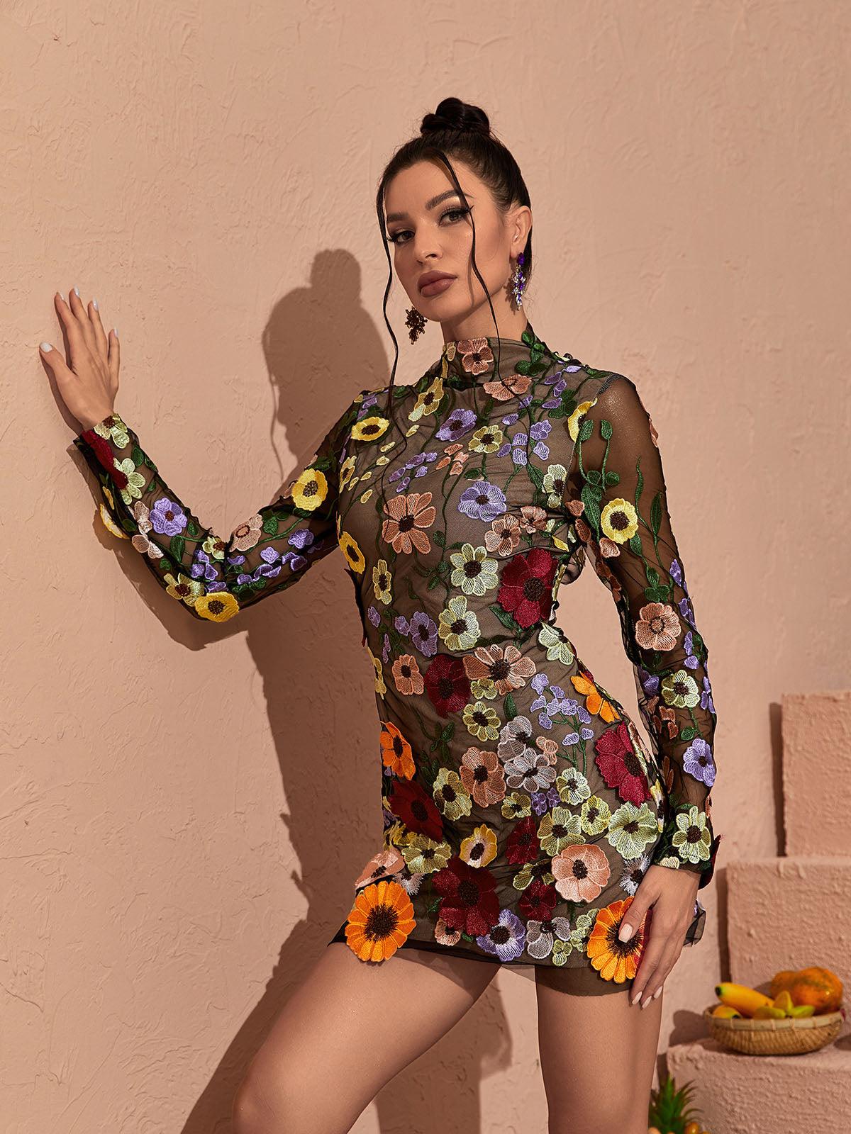 Dress in Mesh — Long Sleeve High Neck Bodycon Mini with Floral Embroidery and Open Back