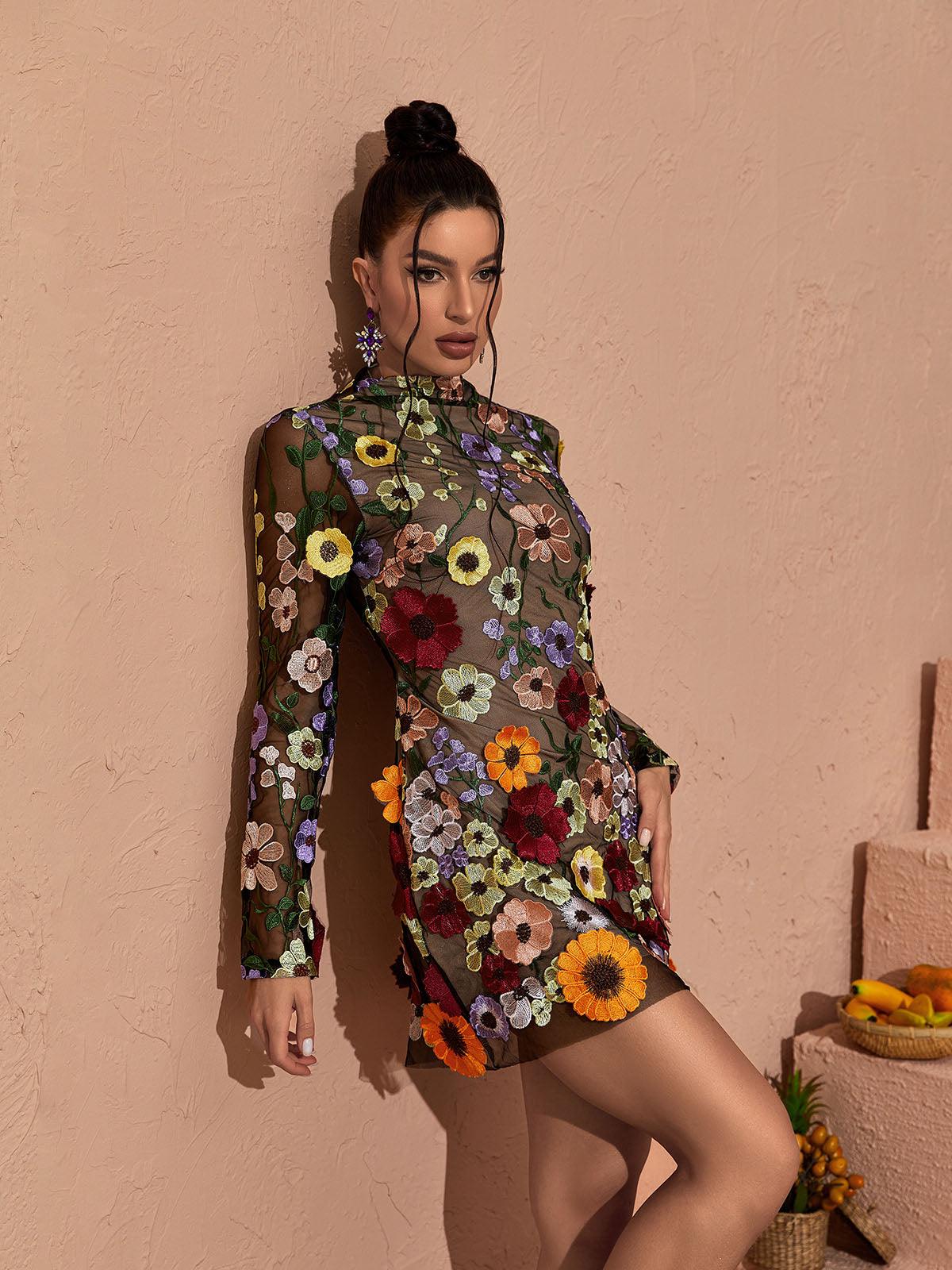 Dress in Mesh — Long Sleeve High Neck Bodycon Mini with Floral Embroidery and Open Back
