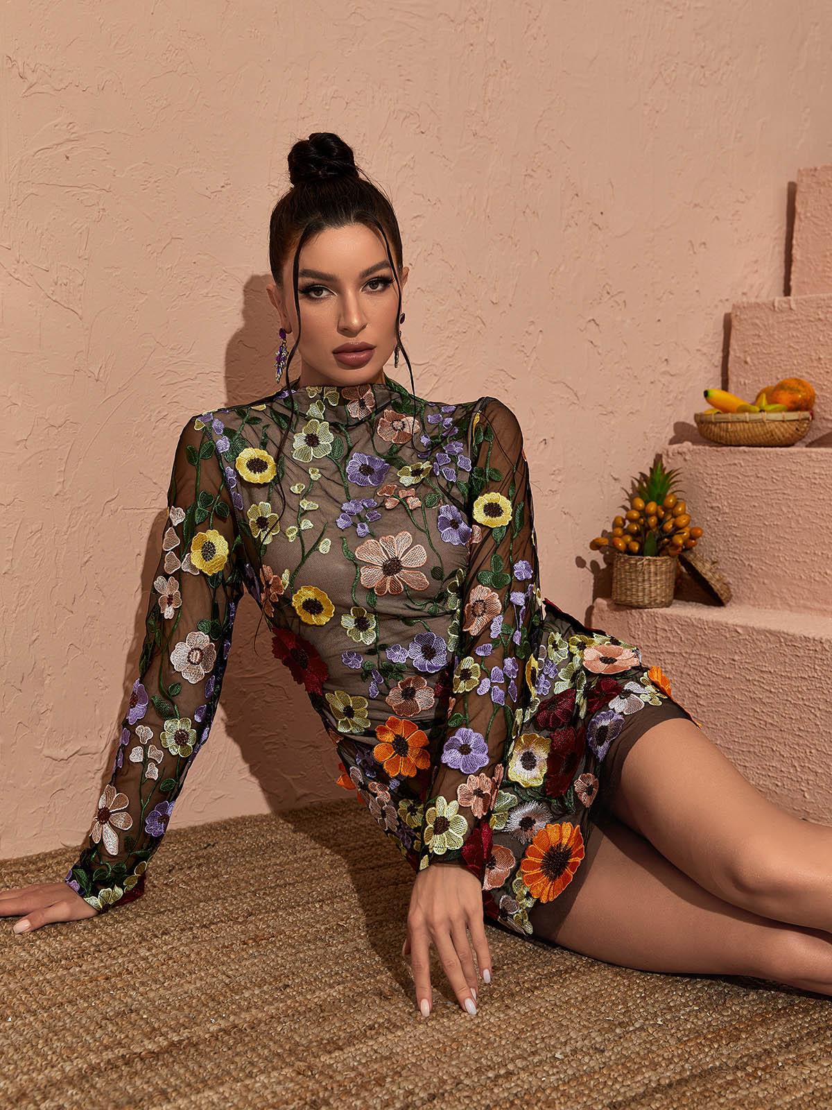 Dress in Mesh — Long Sleeve High Neck Bodycon Mini with Floral Embroidery and Open Back