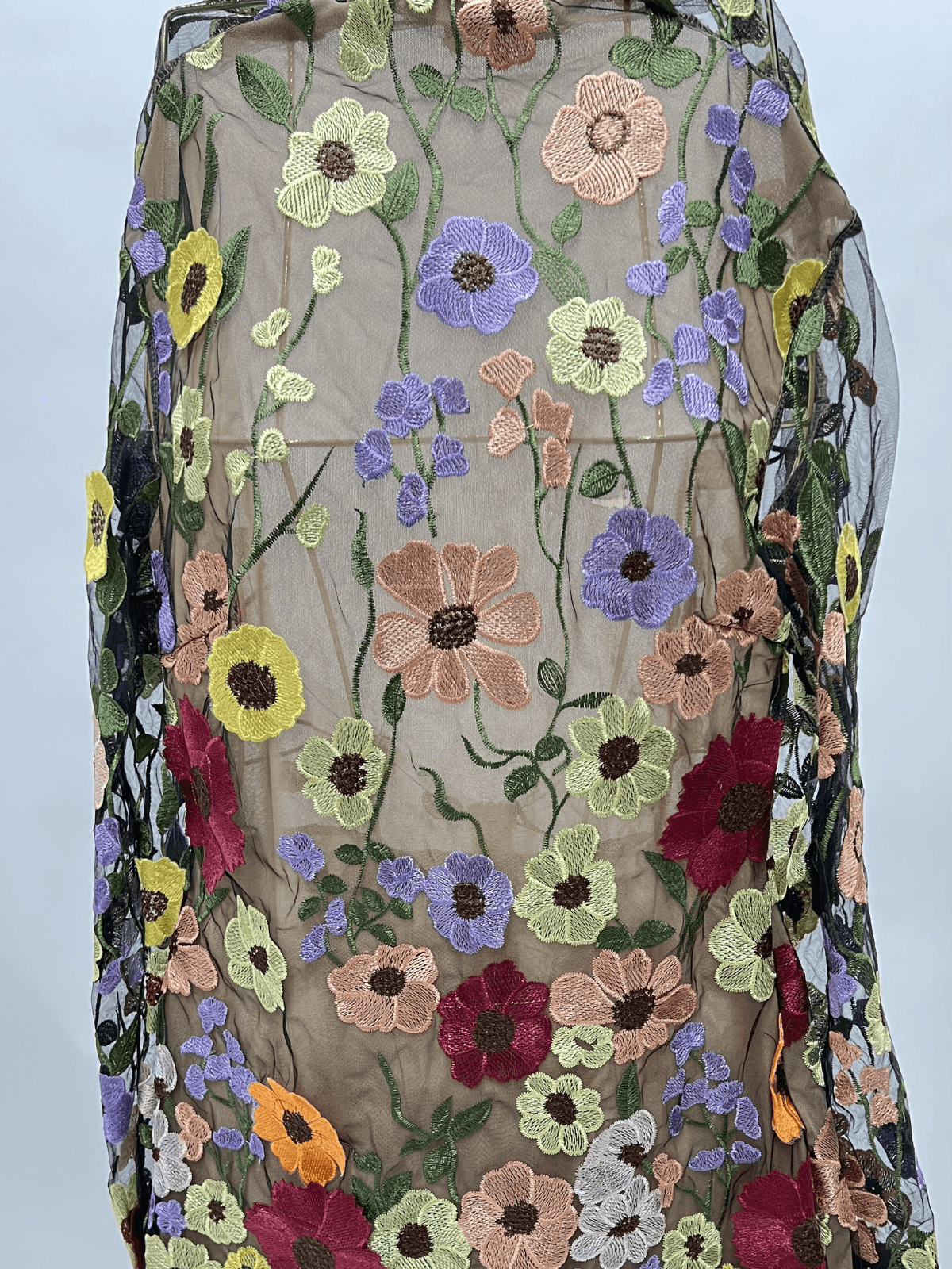 Dress in Mesh — Long Sleeve High Neck Bodycon Mini with Floral Embroidery and Open Back