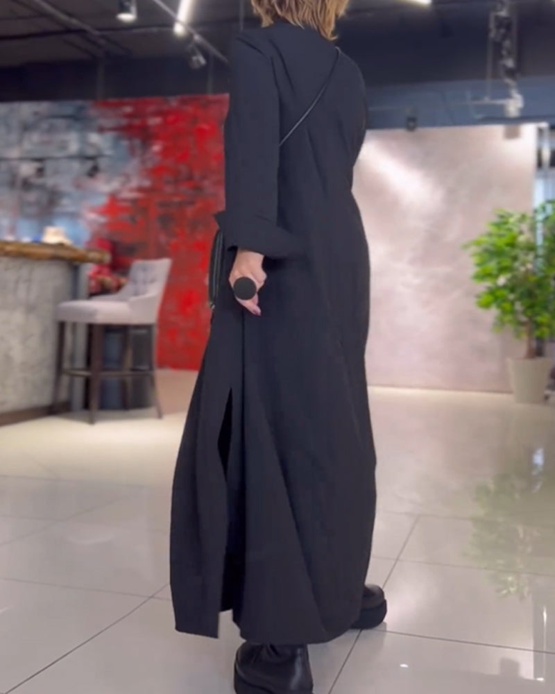 Dress in Linen — Long Sleeve Casual Loose Maxi with Stand Collar and Side Pockets