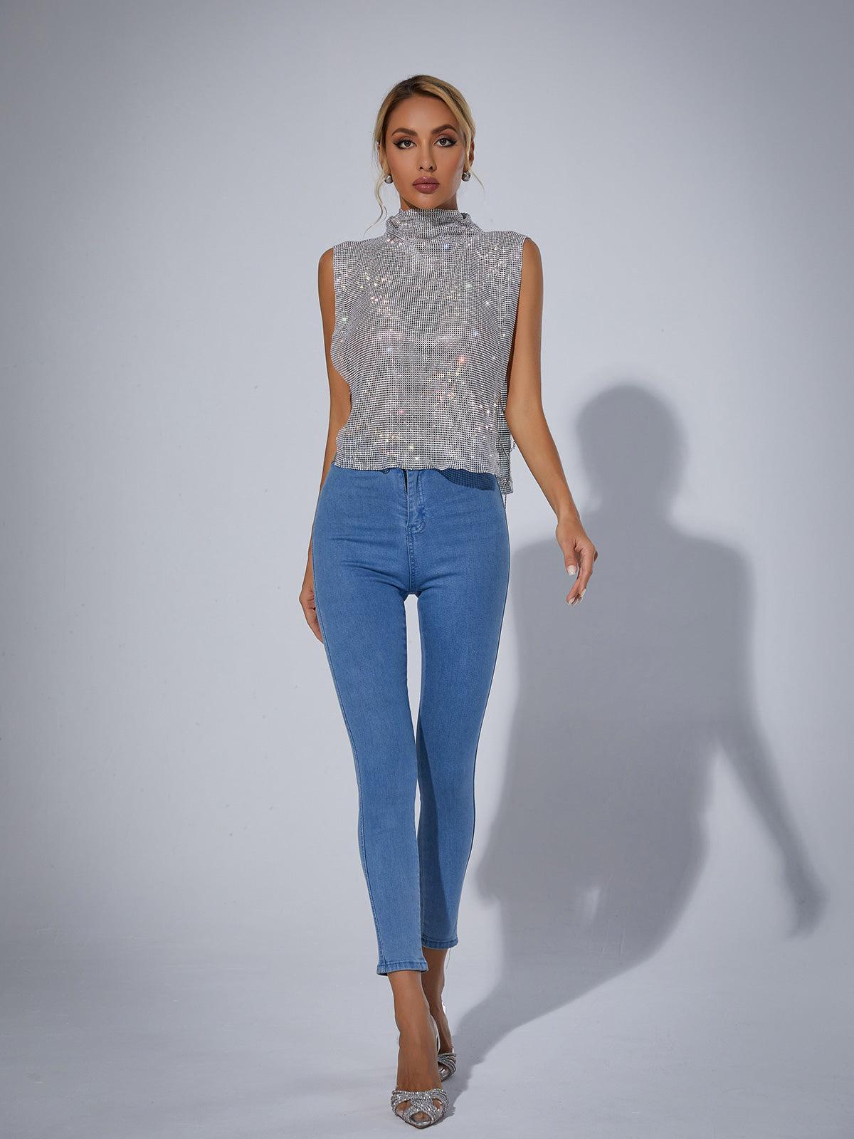 Top in Rhinestone Mesh — Sleeveless High Neck Sparkly Backless with Chain Detail for Party and Night Out