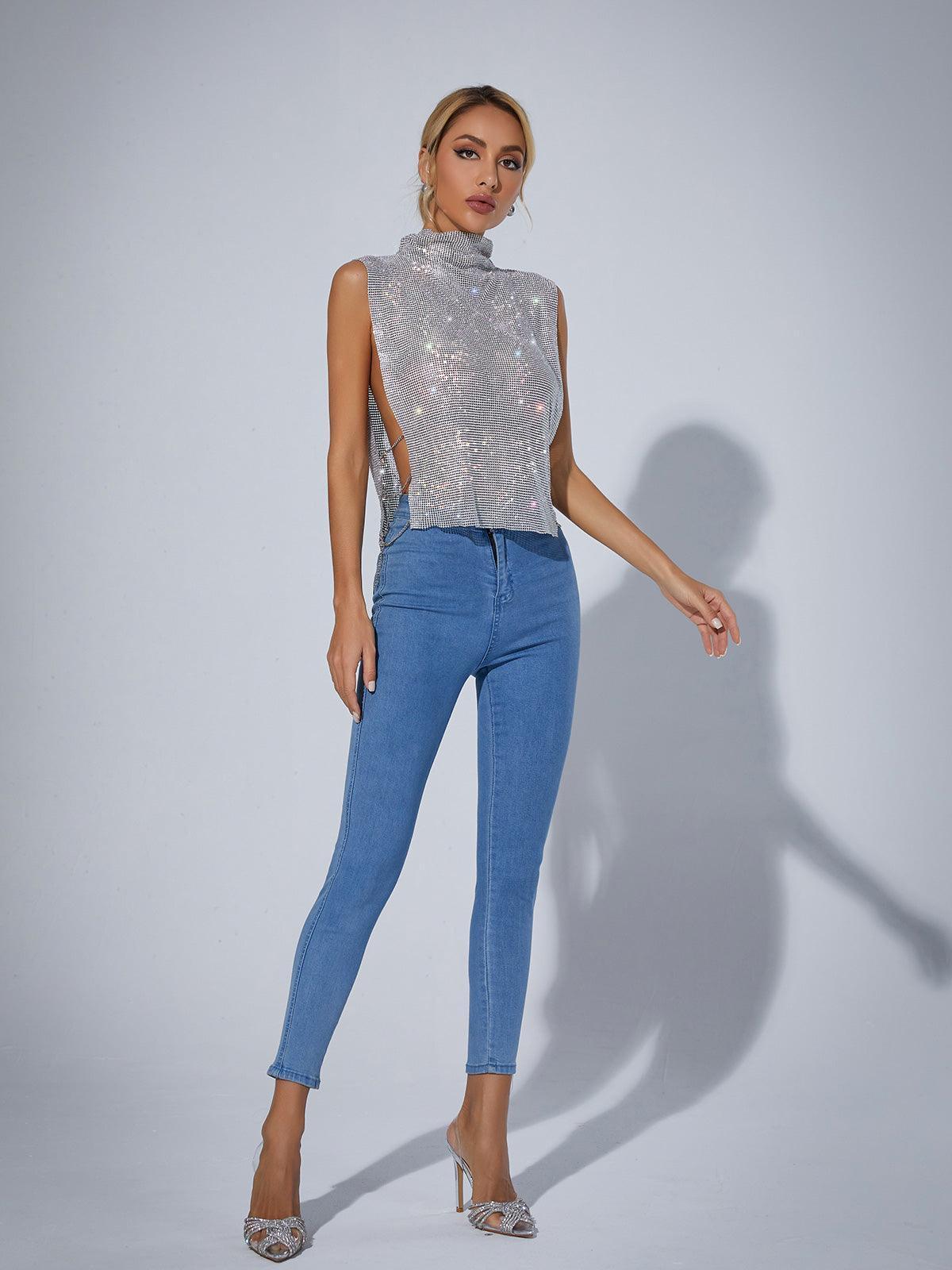 Top in Rhinestone Mesh — Sleeveless High Neck Sparkly Backless with Chain Detail for Party and Night Out