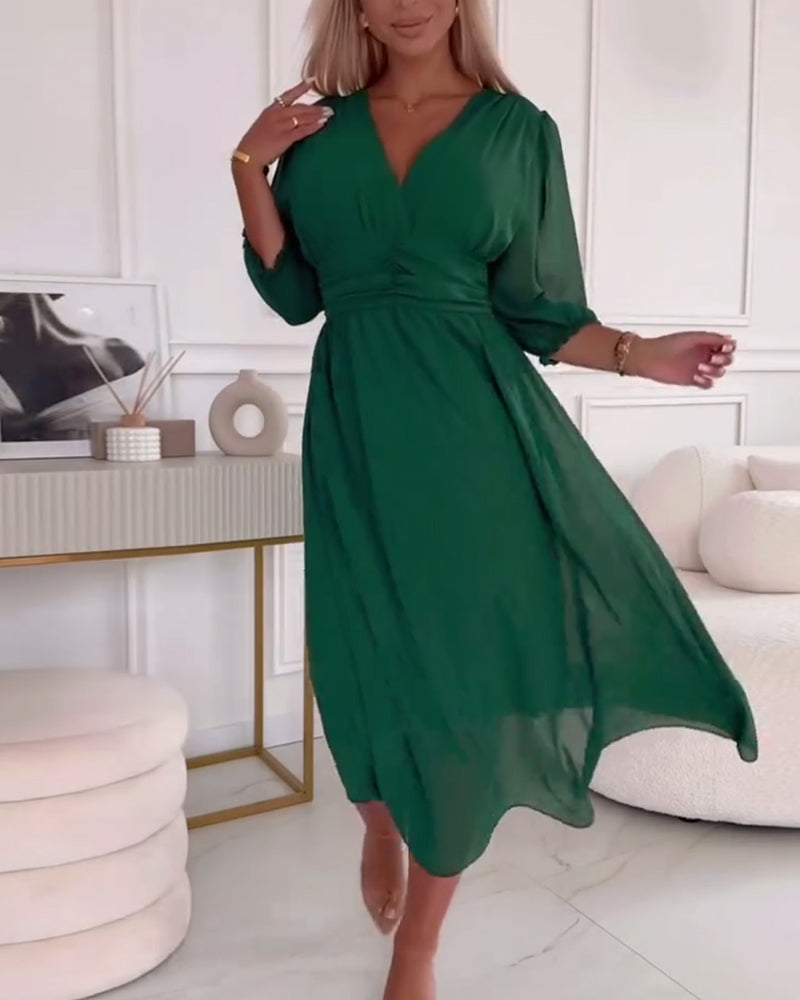 Dress in Chiffon — V Neck Puff Sleeve Midi with Ruched Waist for Evening