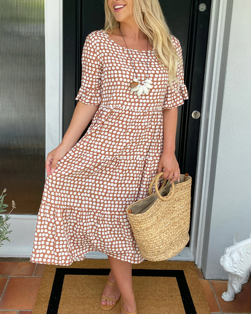 Dress in Viscose — Polka Dot Smocked Waist Midi with Flutter Sleeves and Ruffle Hem