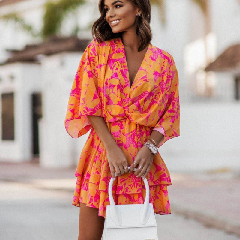 Dress in Chiffon — V Neck Floral Print Ruffle Mini with Tiered Skirt for Boho Style