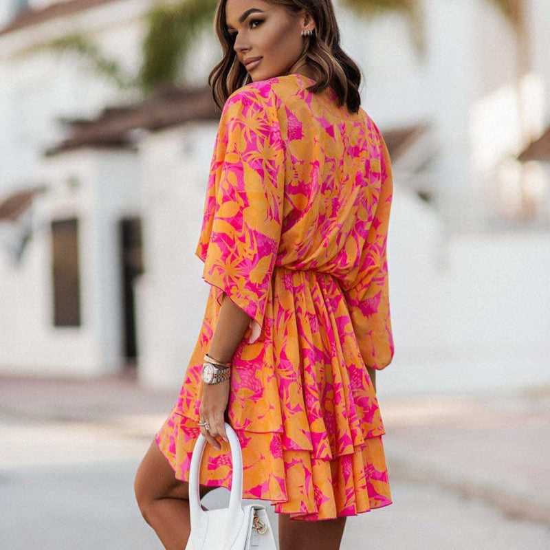 Dress in Chiffon — V Neck Floral Print Ruffle Mini with Tiered Skirt for Boho Style