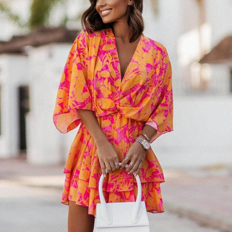 Dress in Chiffon — V Neck Floral Print Ruffle Mini with Tiered Skirt for Boho Style
