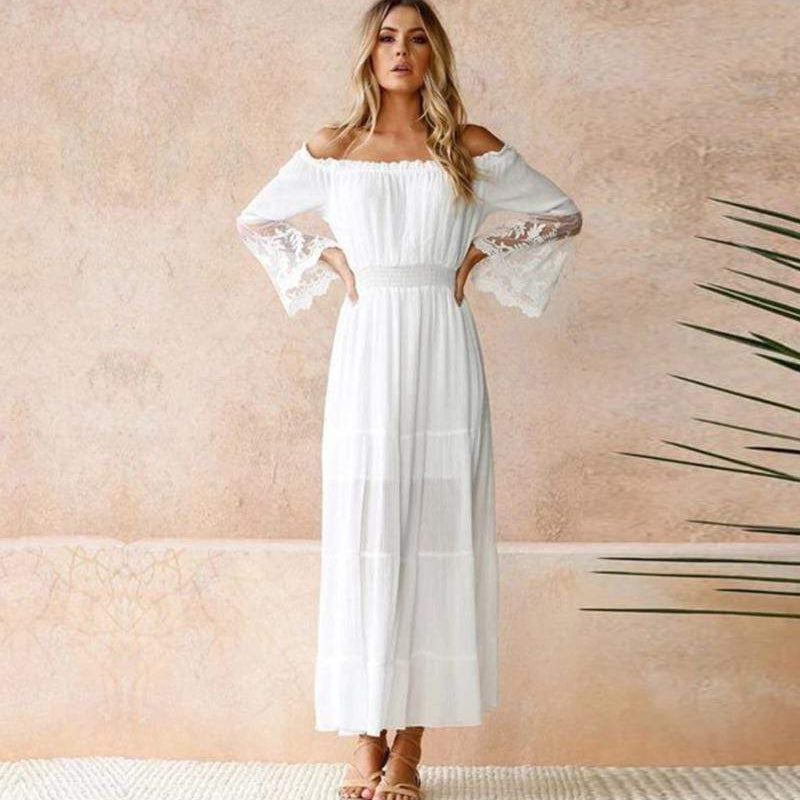 Dress in Cotton — Off the Shoulder Boho Maxi with Lace Sleeves and Tiered Skirt