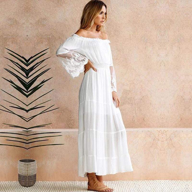Dress in Cotton — Off the Shoulder Boho Maxi with Lace Sleeves and Tiered Skirt