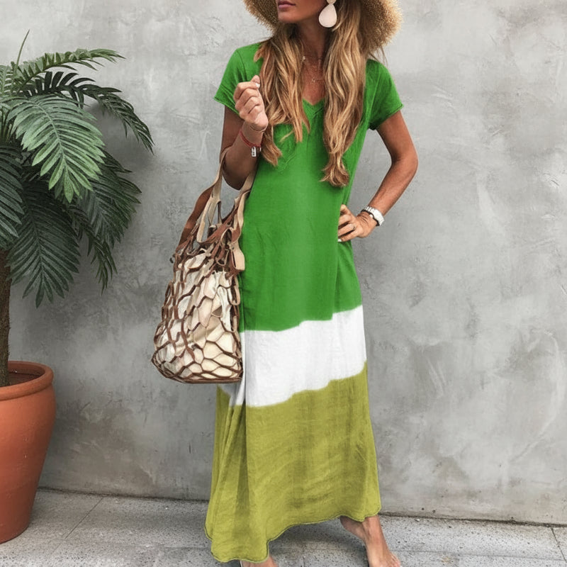Dress in Viscose Colorblock Maxi — V Neck Short Sleeve Boho Style