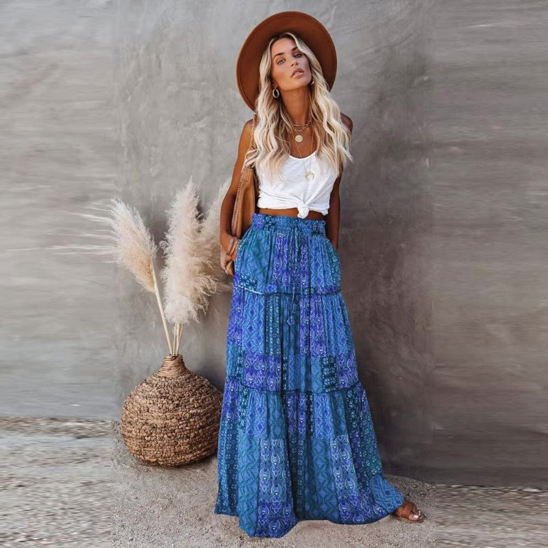 Skirt in Cotton — Boho Floral Patchwork Tiered Maxi with Elastic Waist