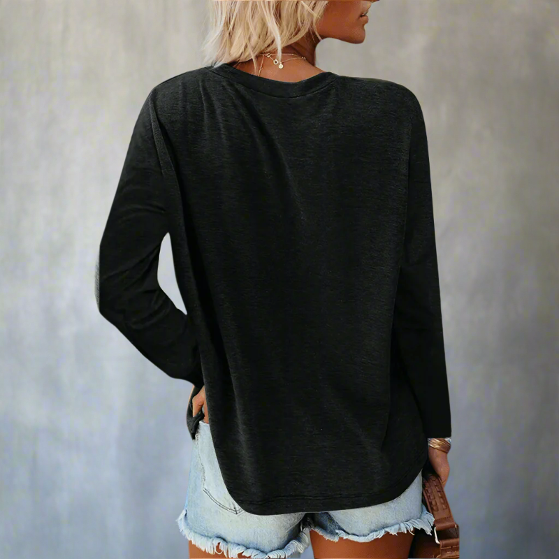 Top in Cotton — Relaxed Long Sleeve Crew Neck with Chest Pocket for Women